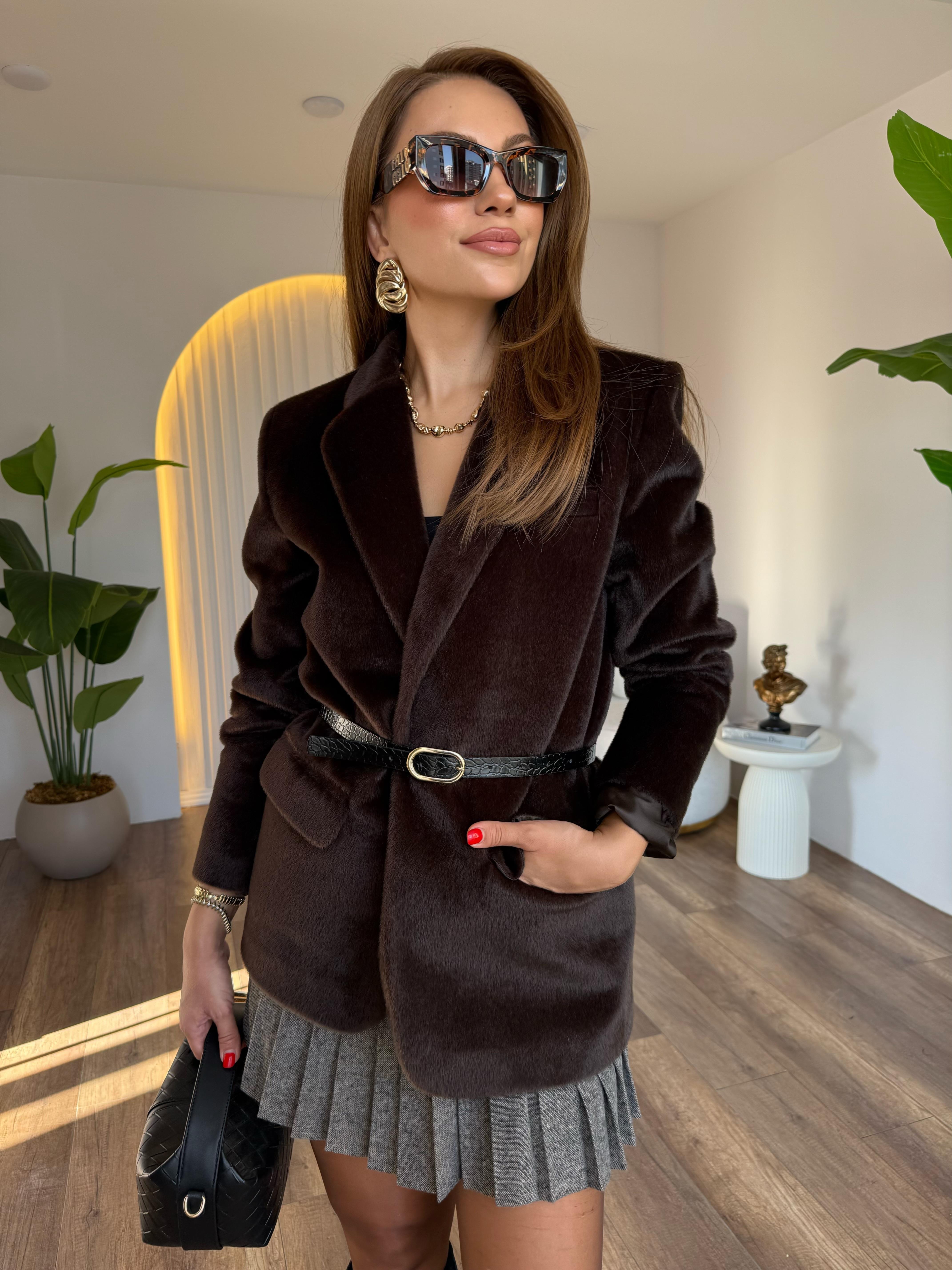 10609 Peluşlu Kemerli Blazer Ceket