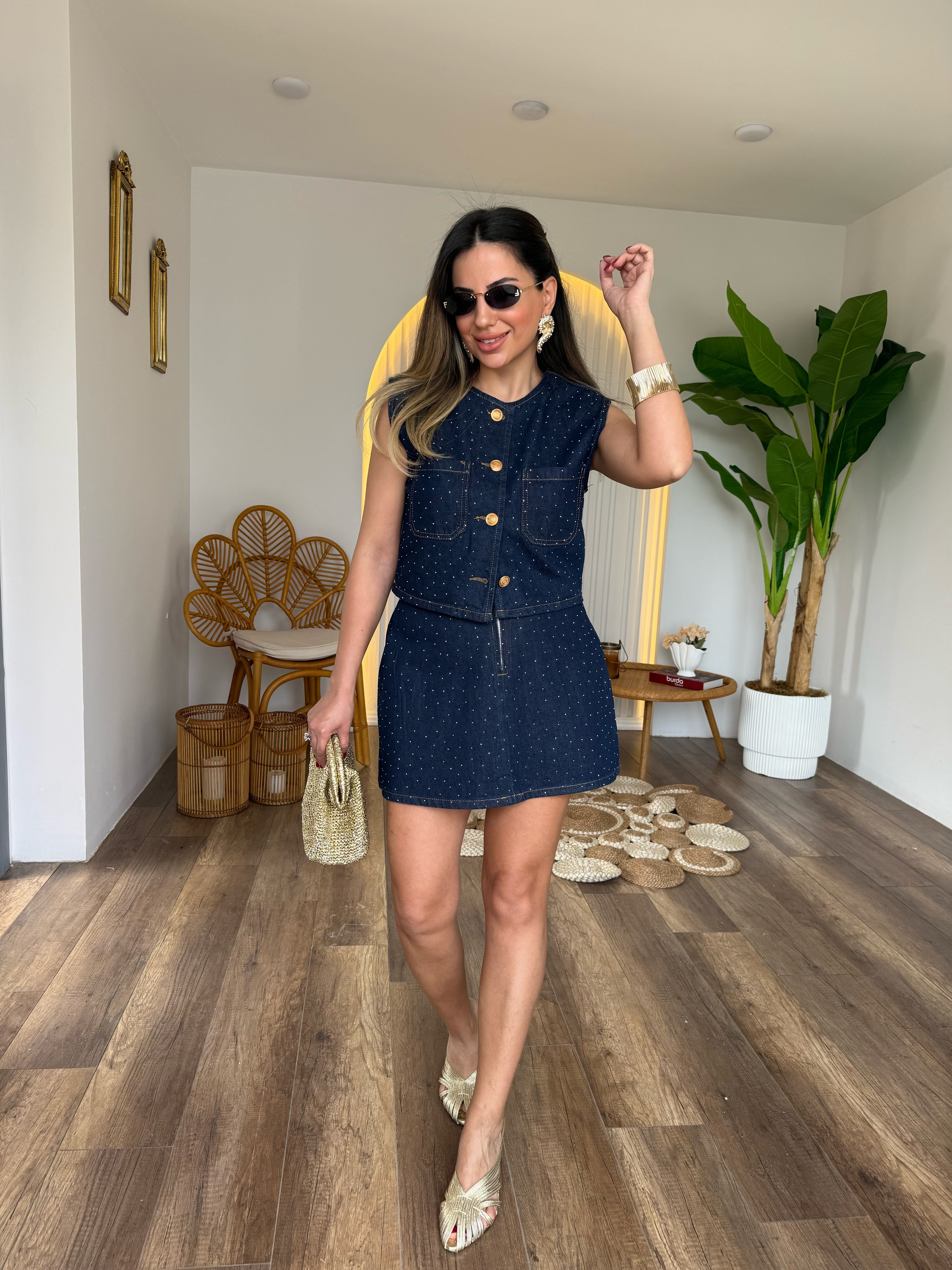 11524 Denim Yelek Etek Takım