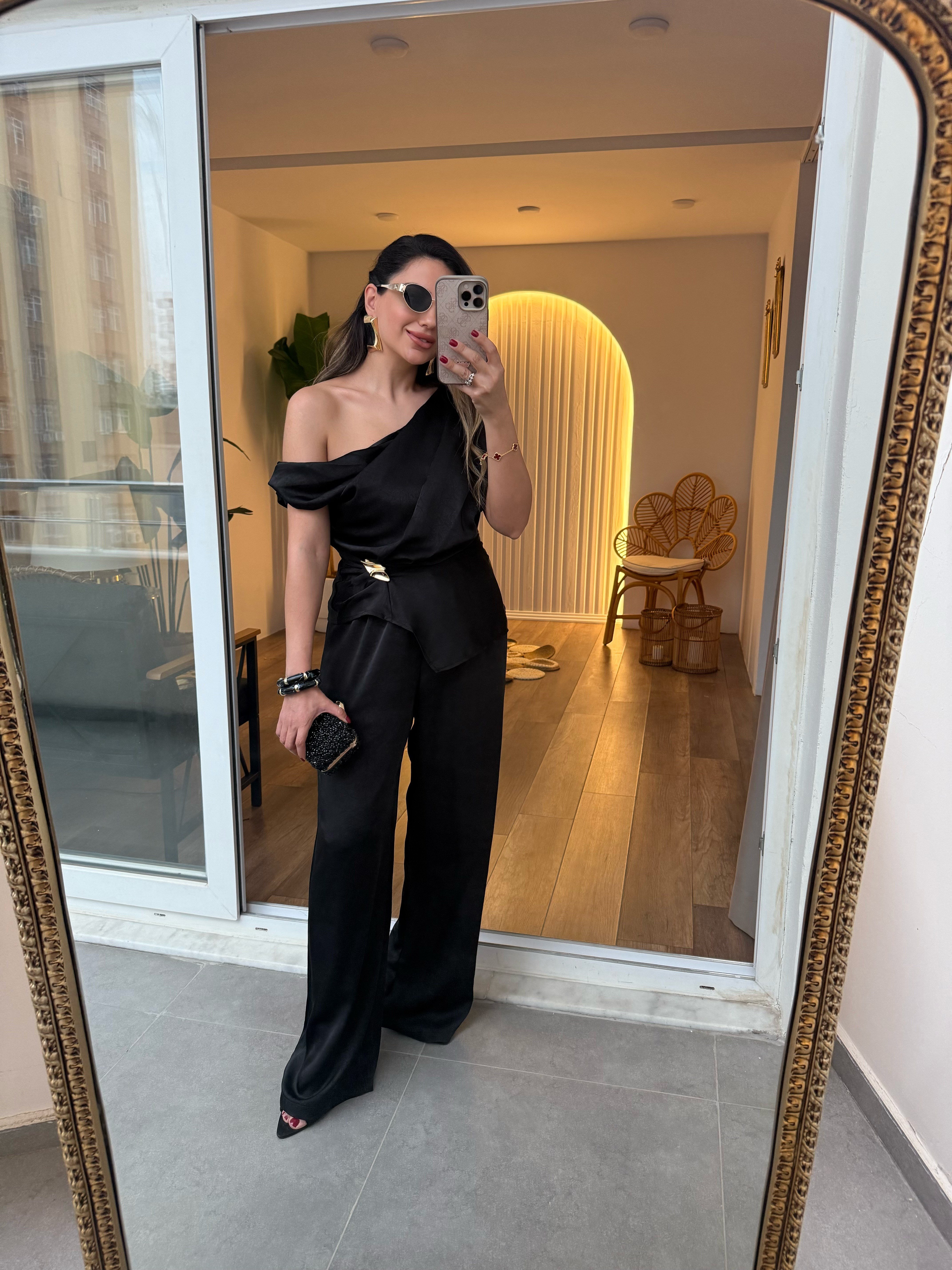 11575 Saten Beli Lastikli Pantolon Bluz Takım