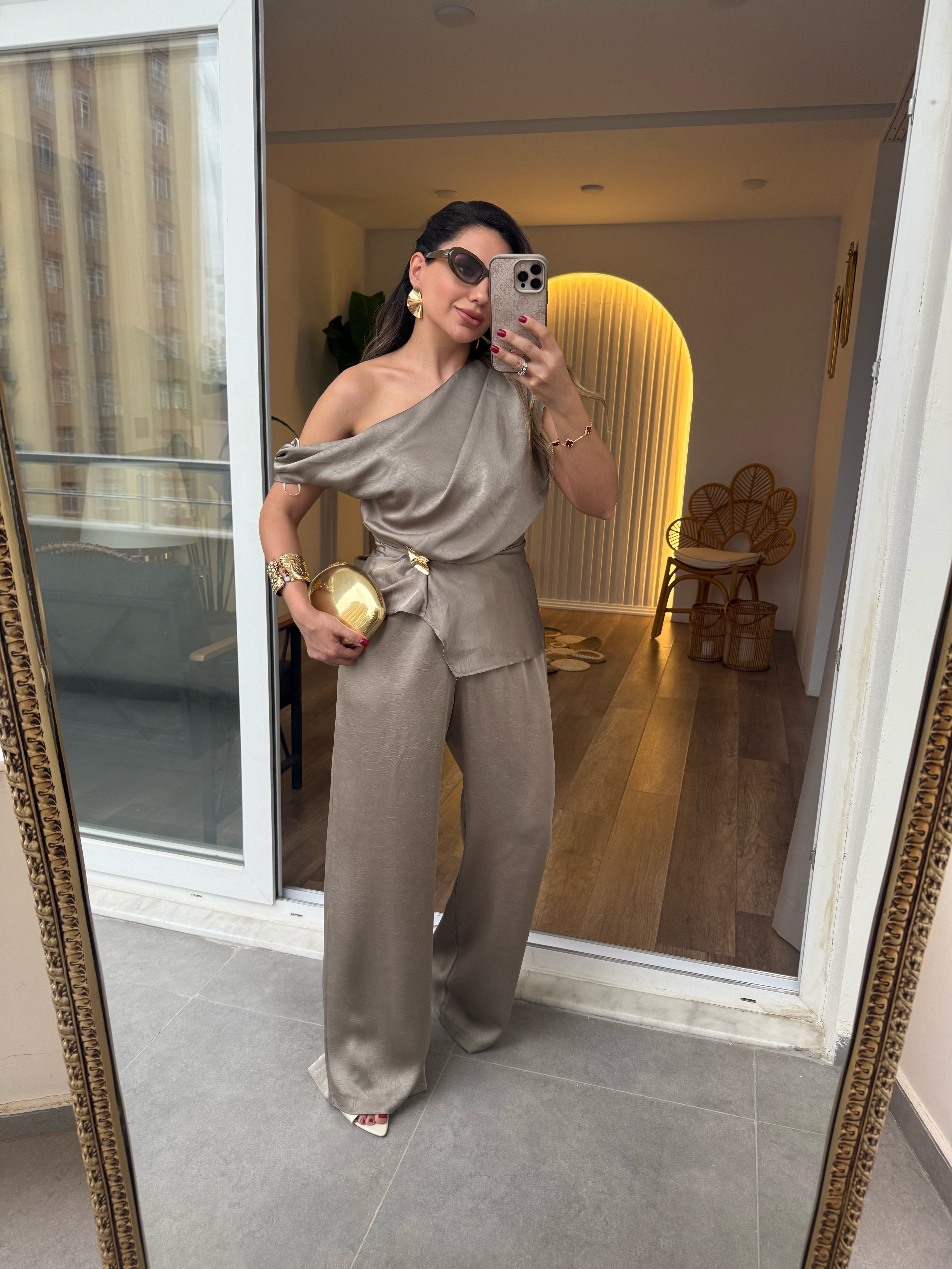 11575 Saten Beli Lastikli Pantolon Bluz Takım