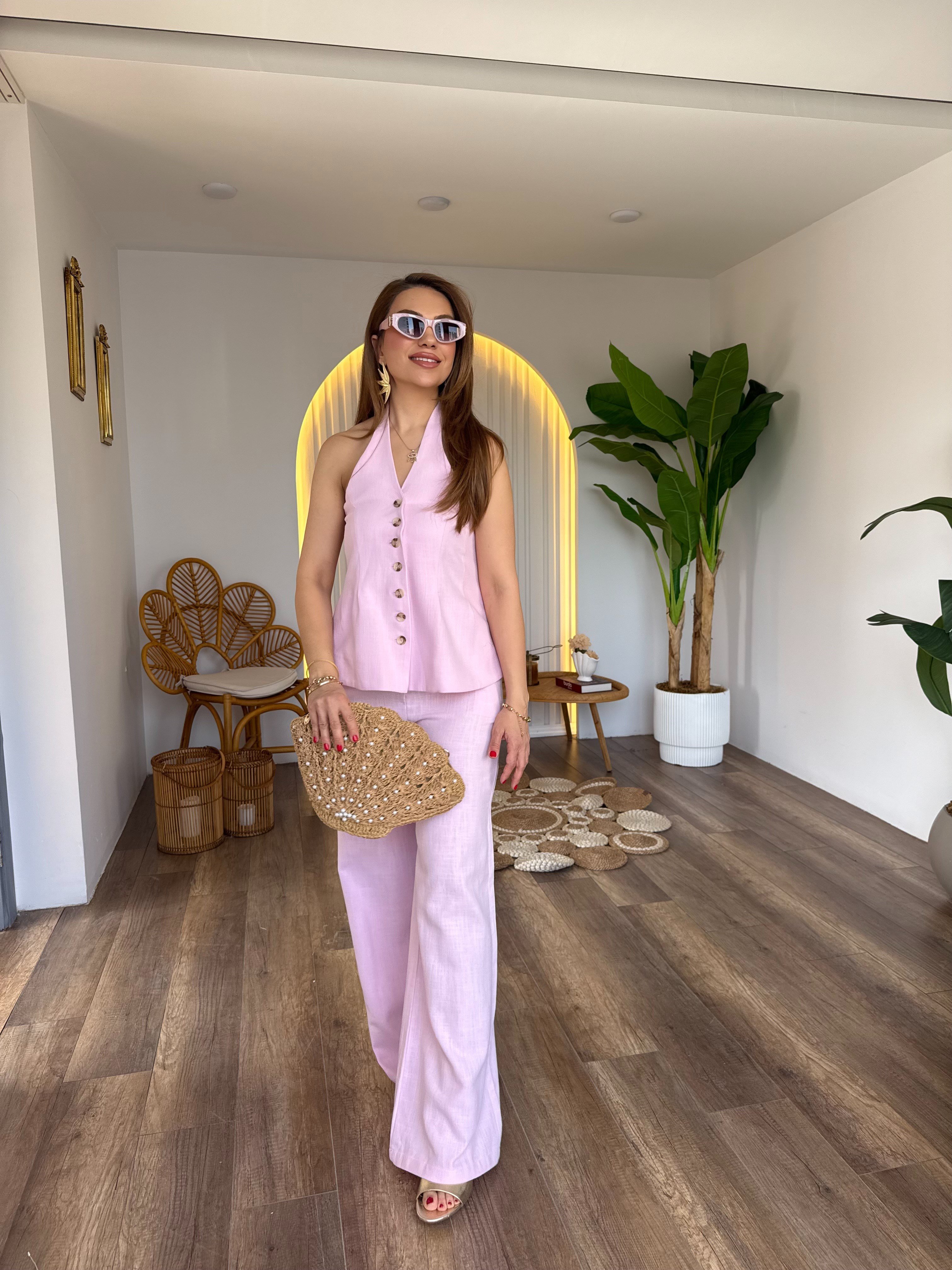 11717 Keten Önden Düğme Detaylı Pantolon Bluz Takım