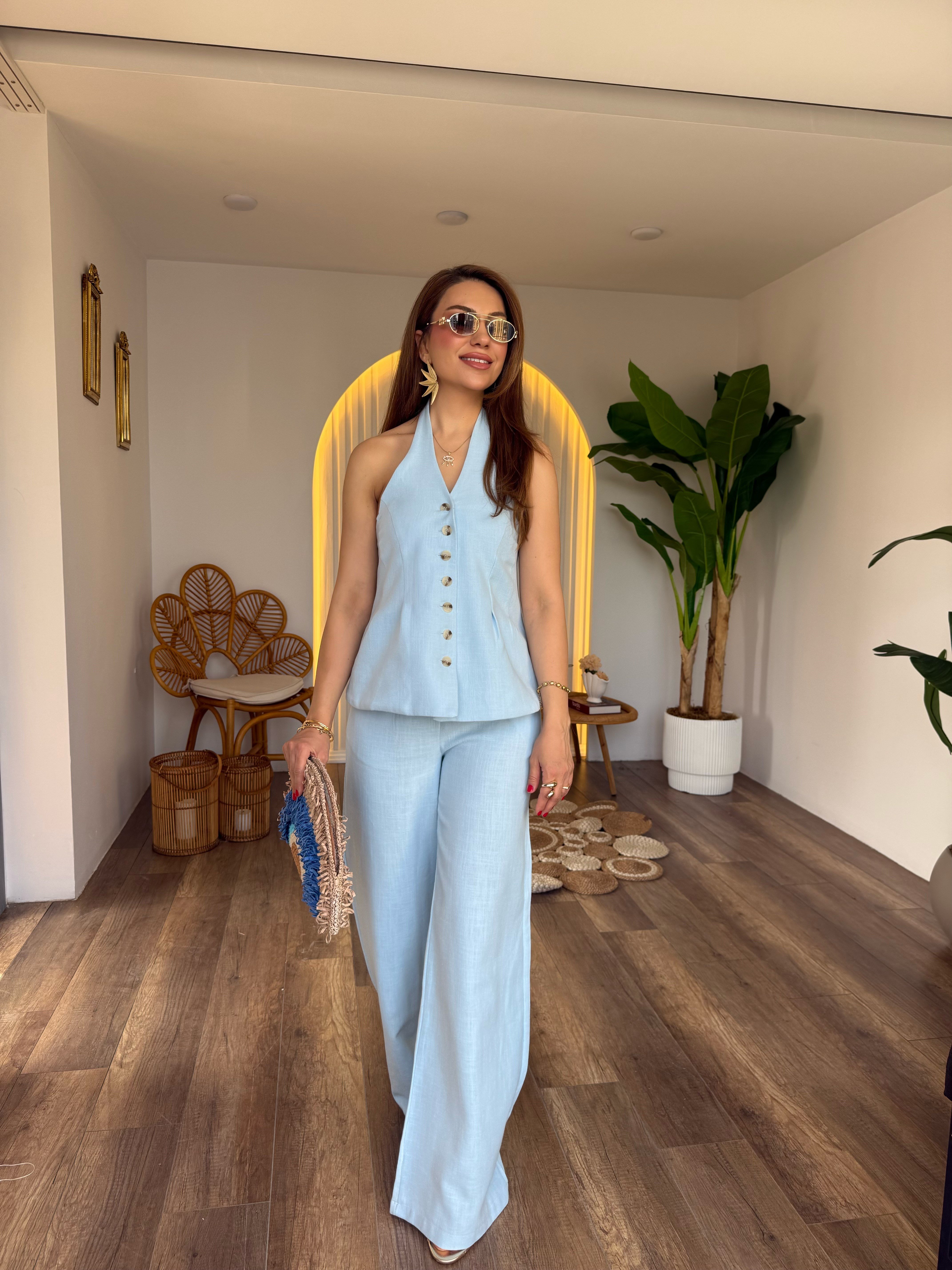 11717 Keten Önden Düğme Detaylı Pantolon Bluz Takım
