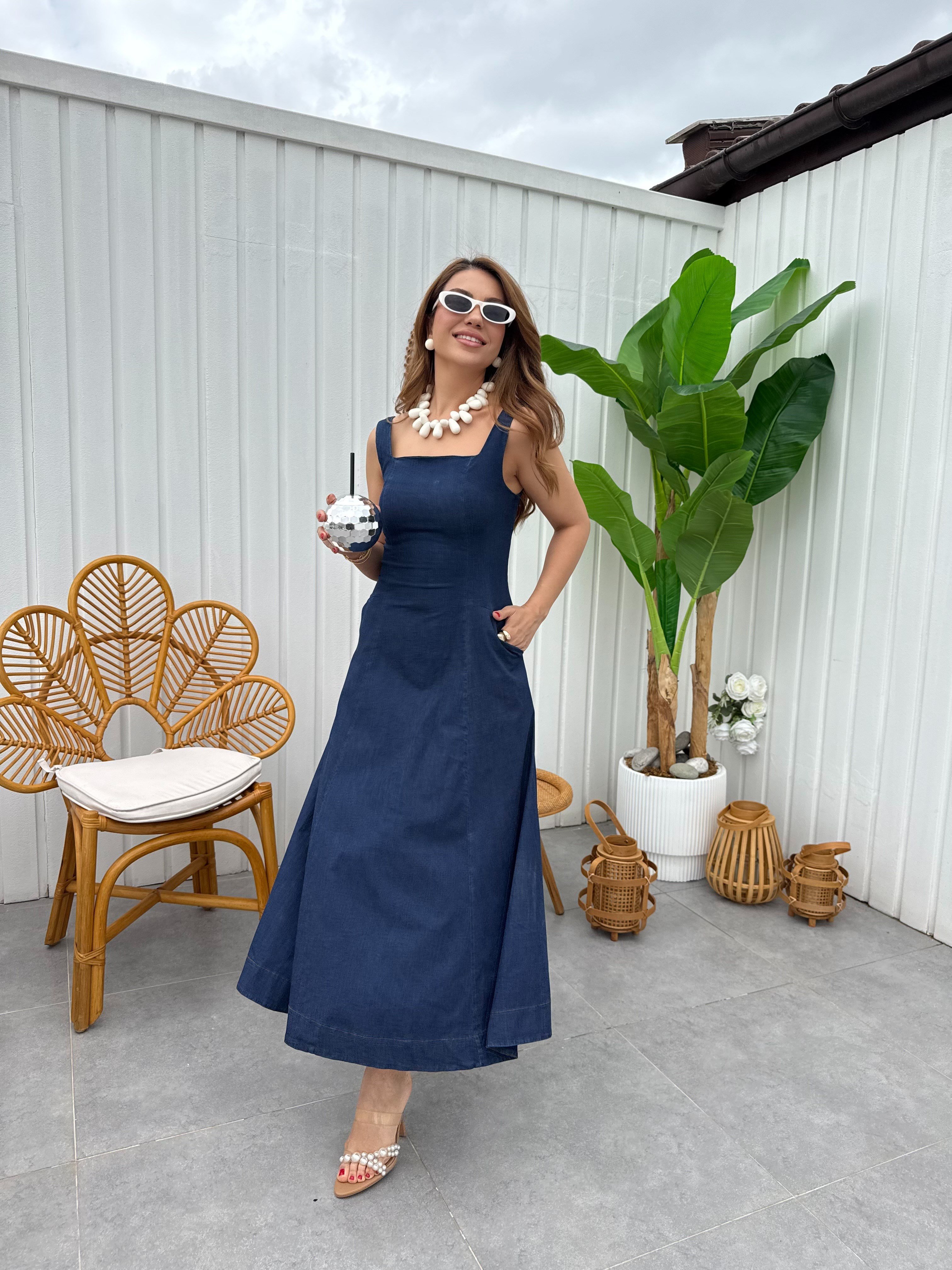 11883 Askılı Denim Elbise