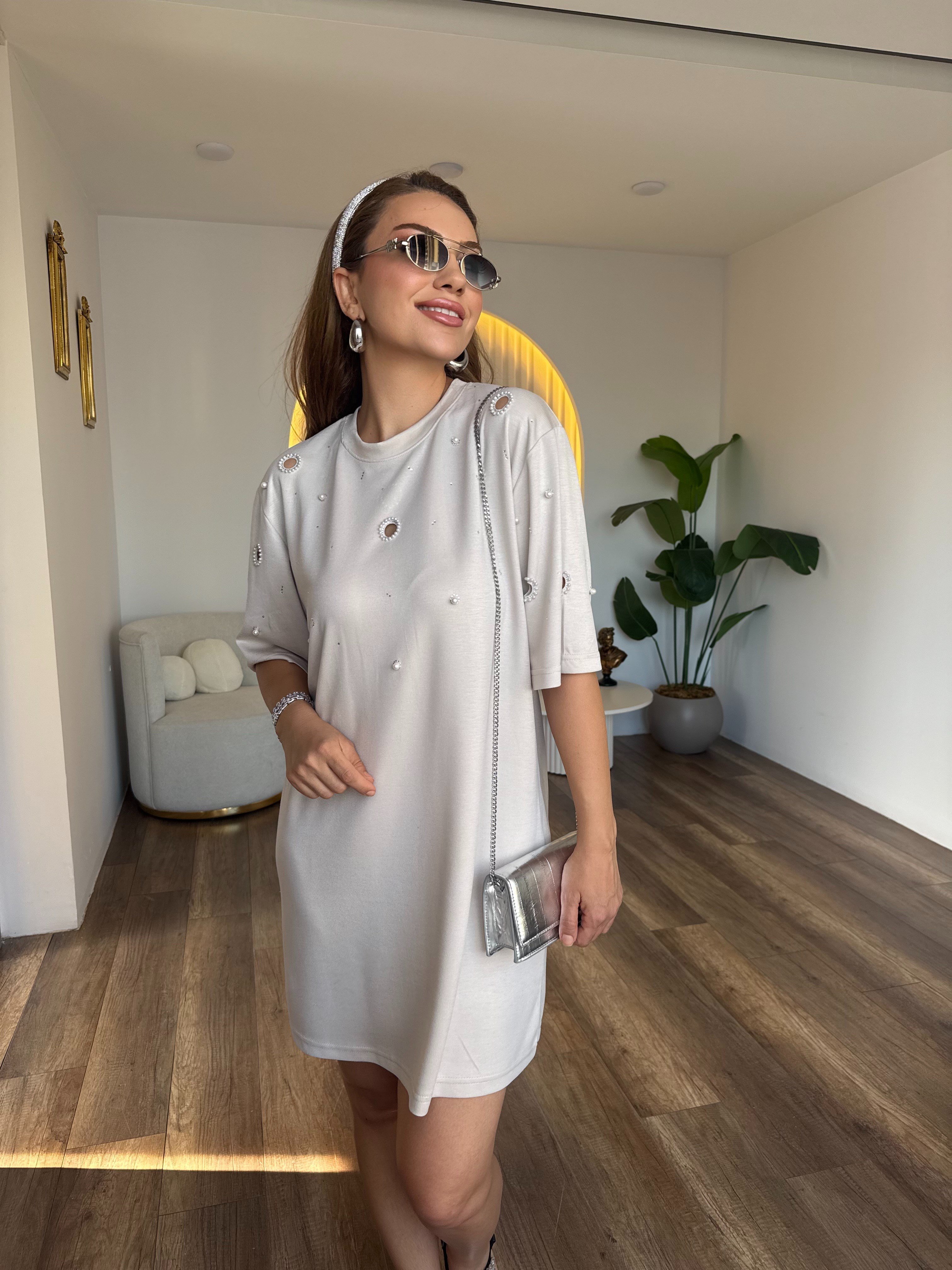 11909 Kuş Gözü Detaylı İncili Elbise