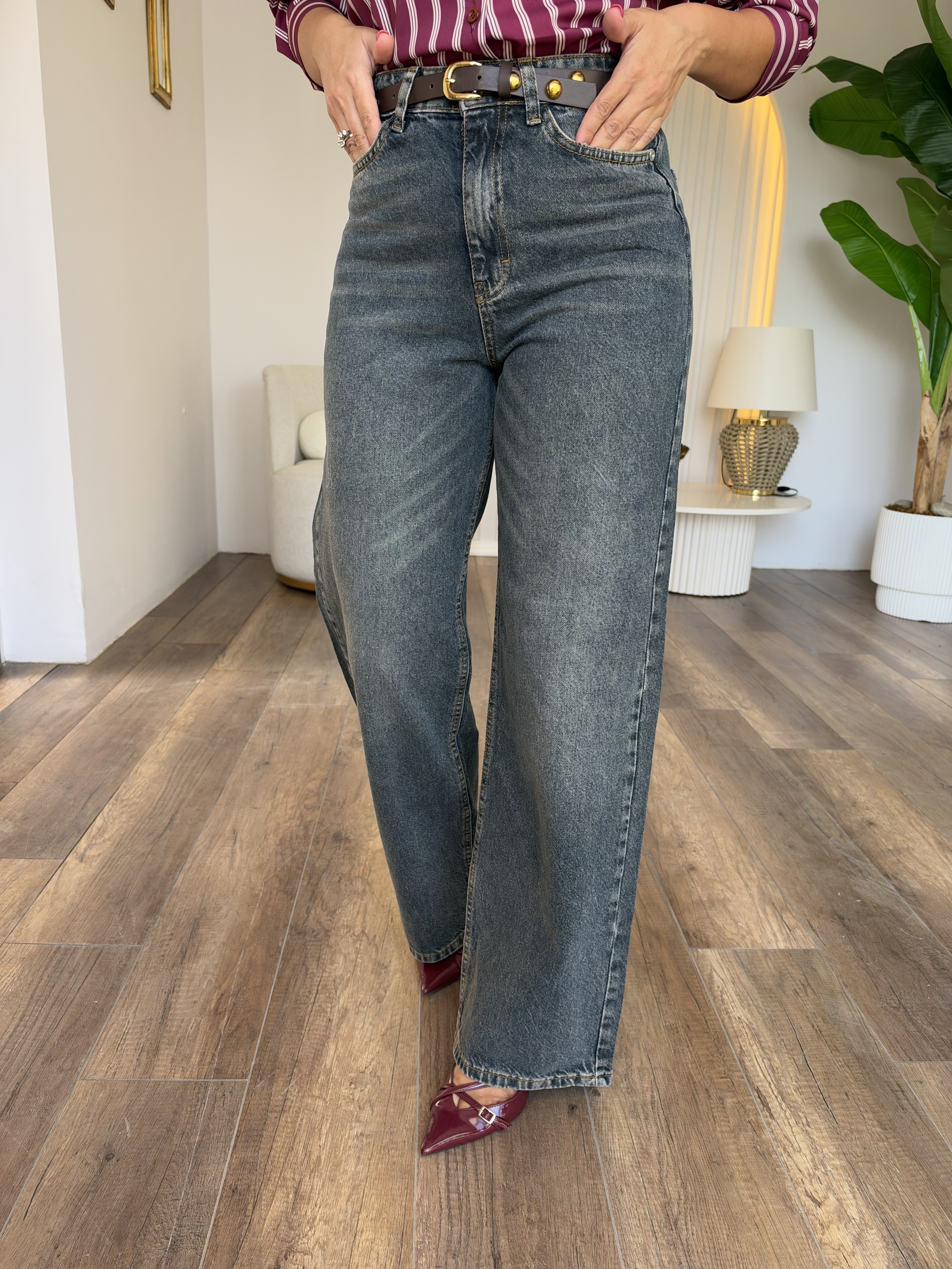 12192 Kendinden Kemerli Kot Pantolon