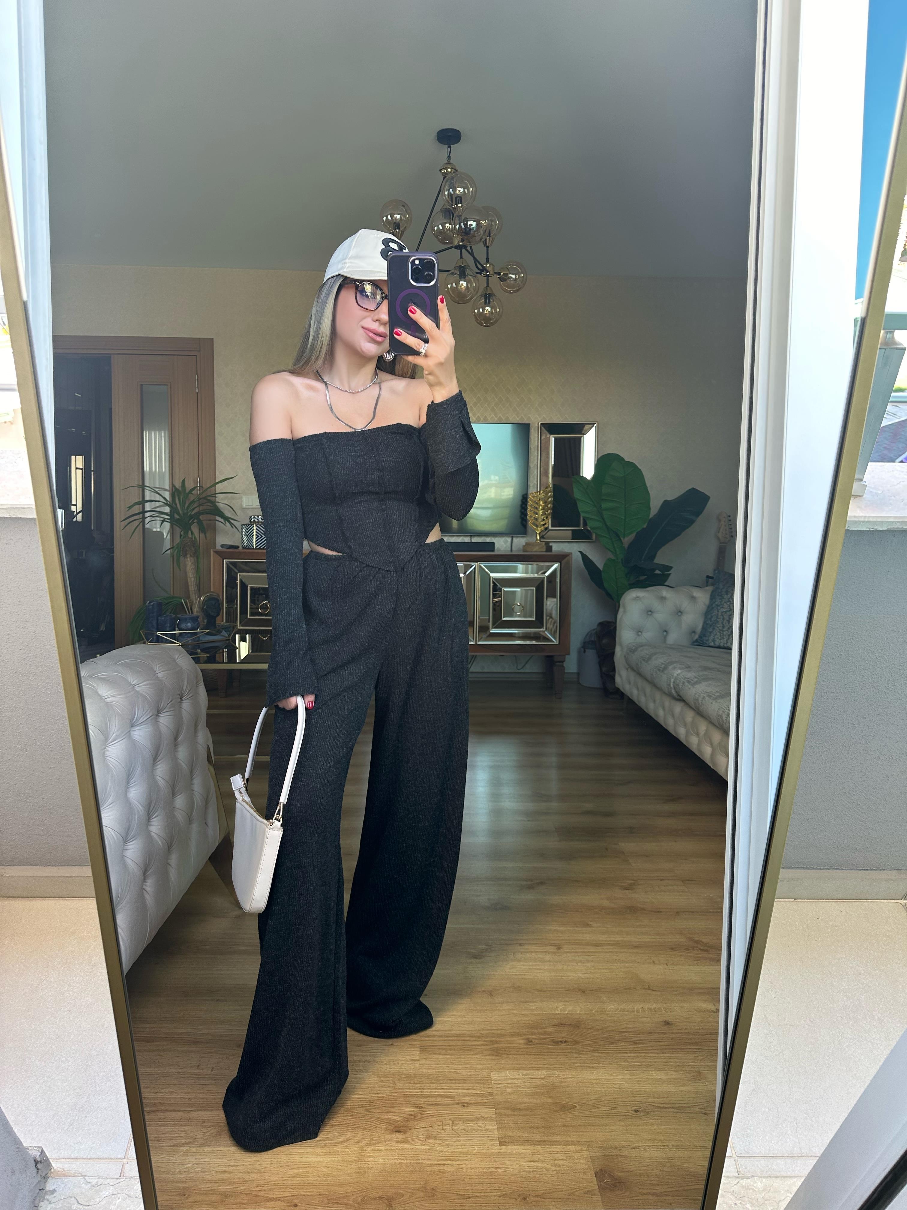8512 Düşük Omuz Triko Bluz Pantolon Takım