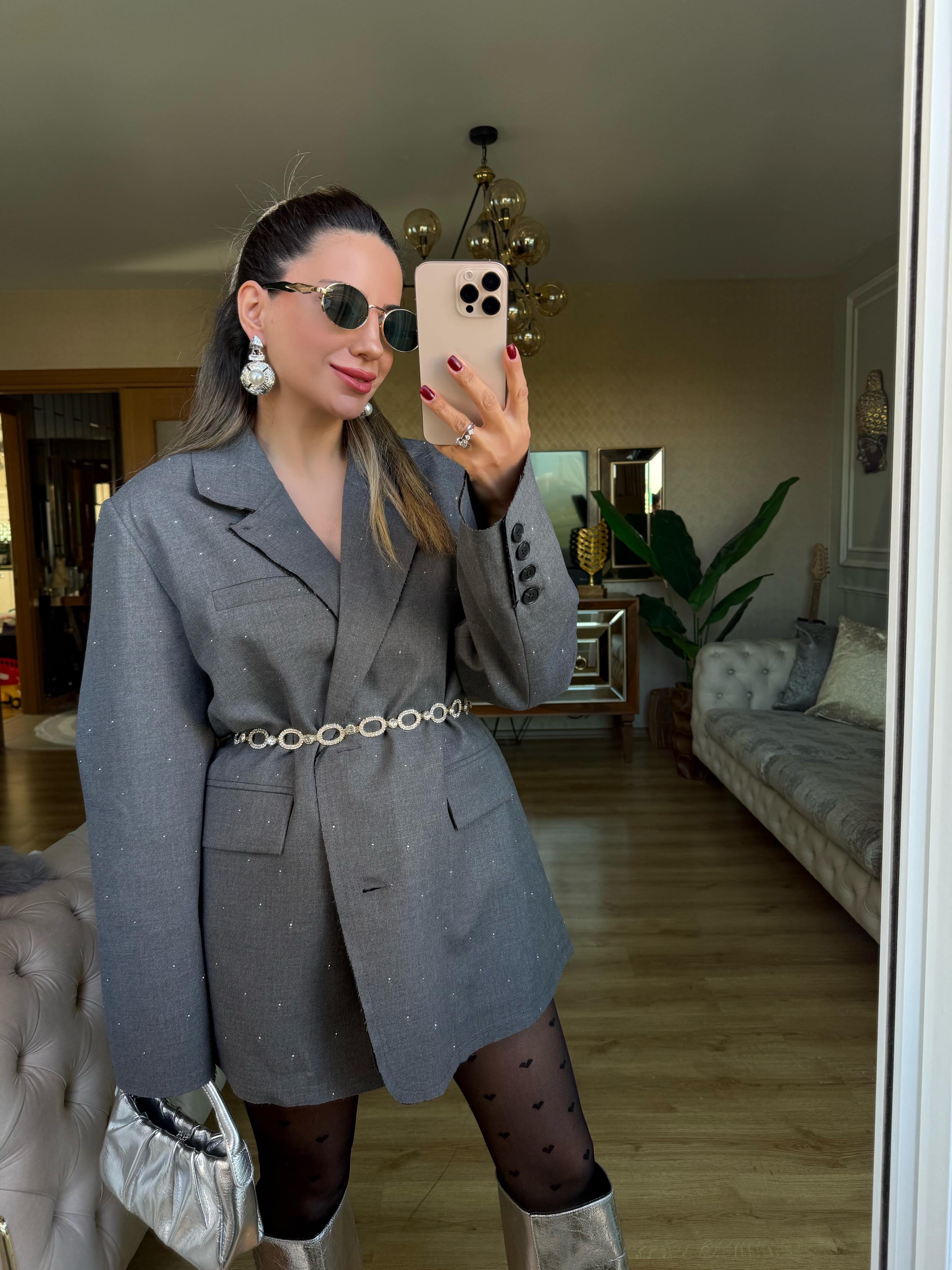 9070 Taşlı Antrasit Blazer Ceket
