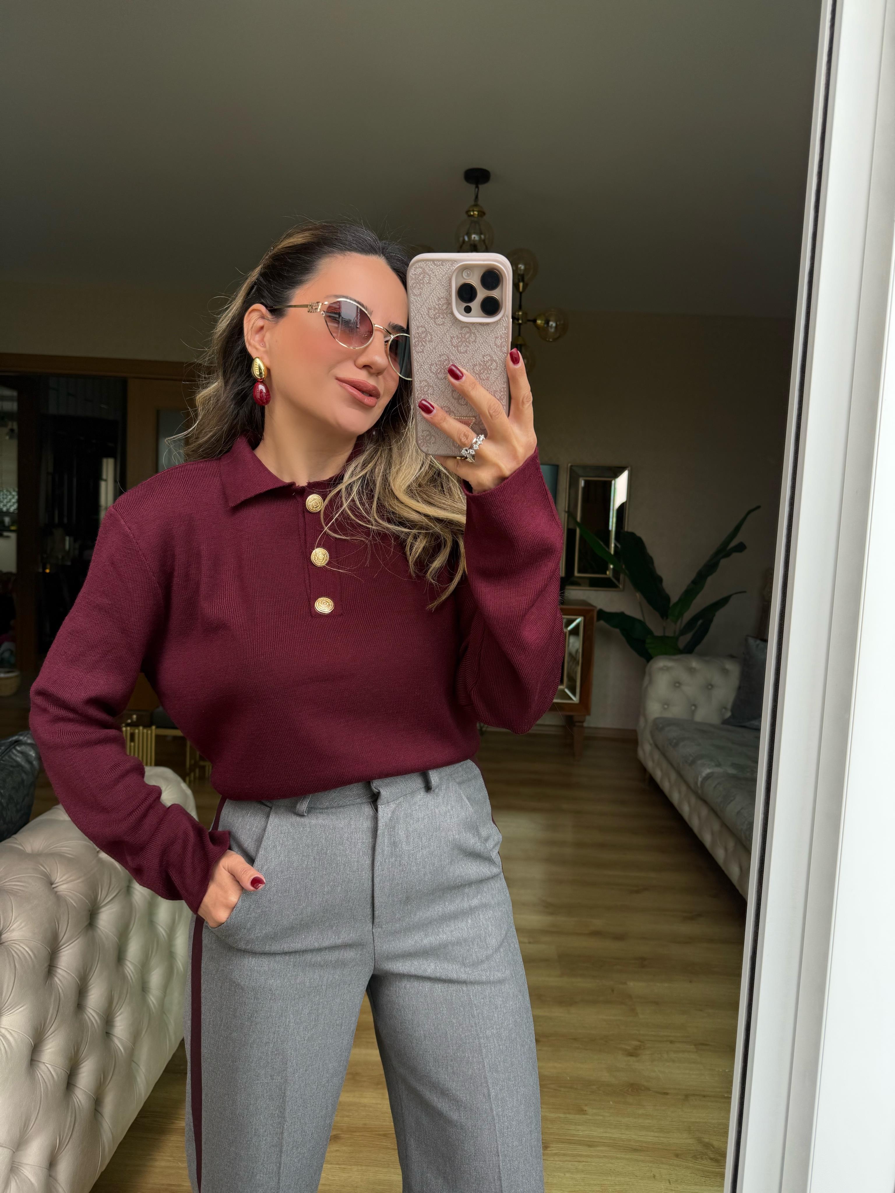 9174 Gold Düğmeli Polo Yaka Kazak