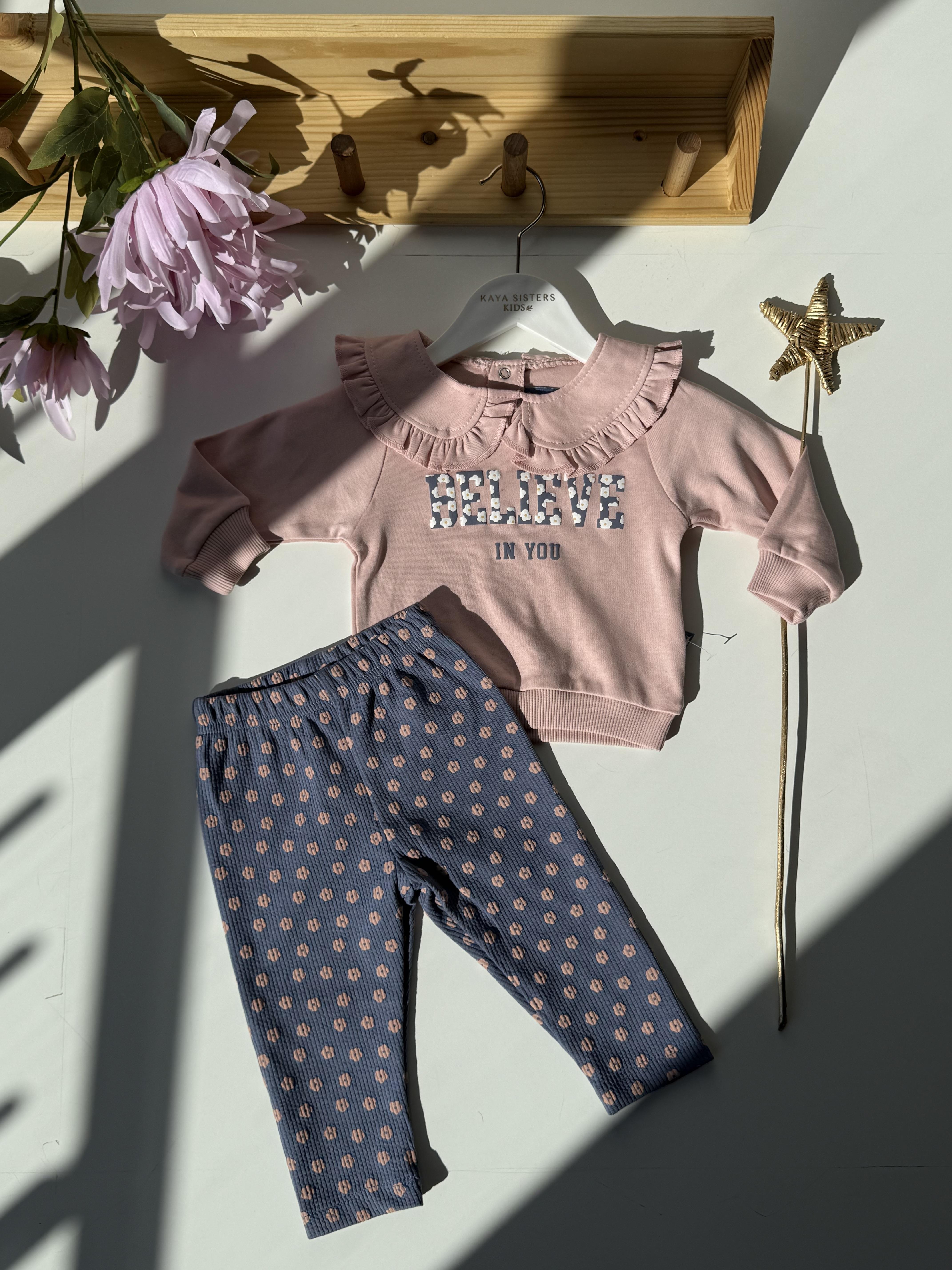 9278 Kids Bebe Yaka Çiçekli Kız Takım 9 ay/2 Yaş