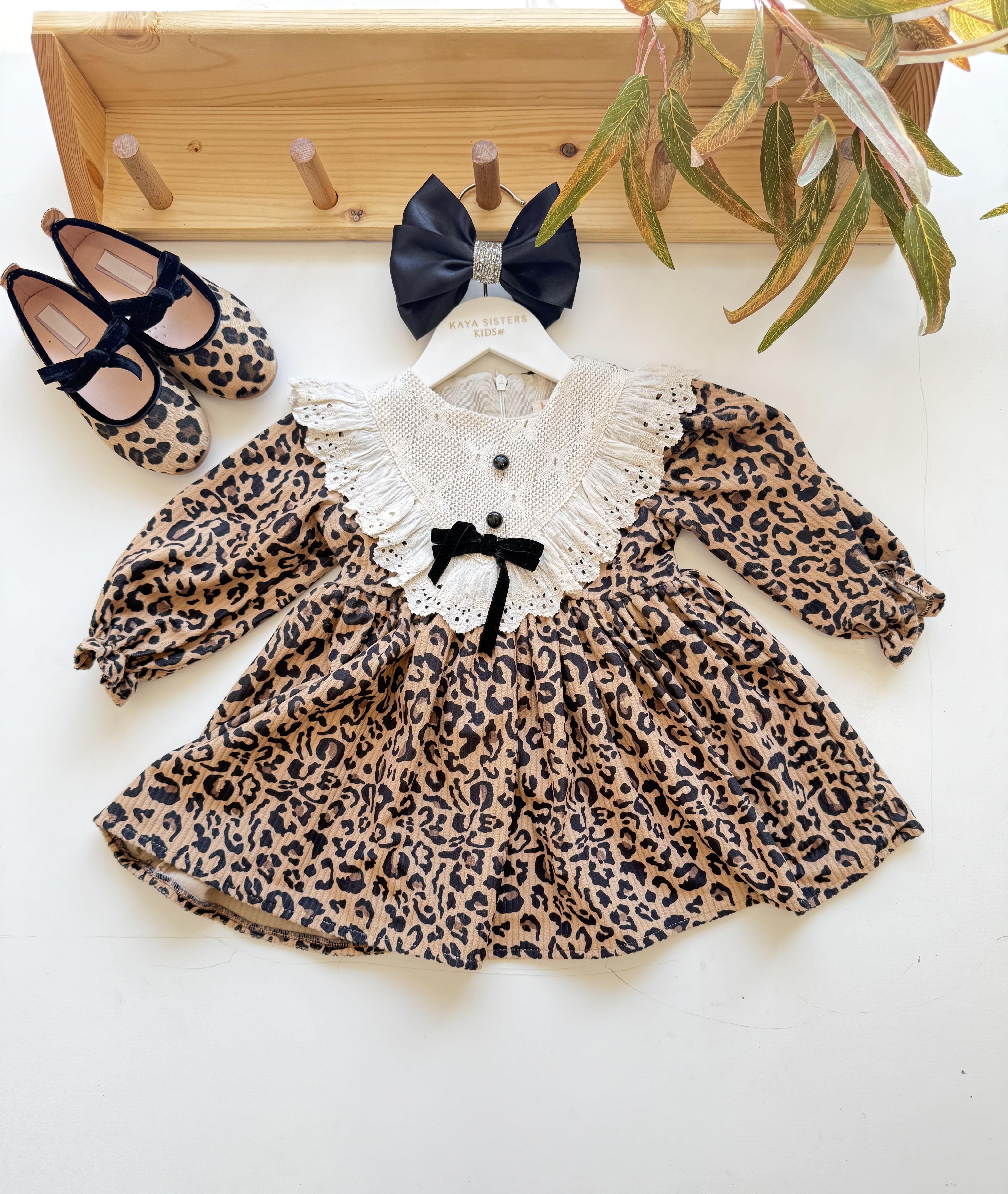 9362 Kids Leopar Desenli Kurdeleli Elbise 2-5 Yaş
