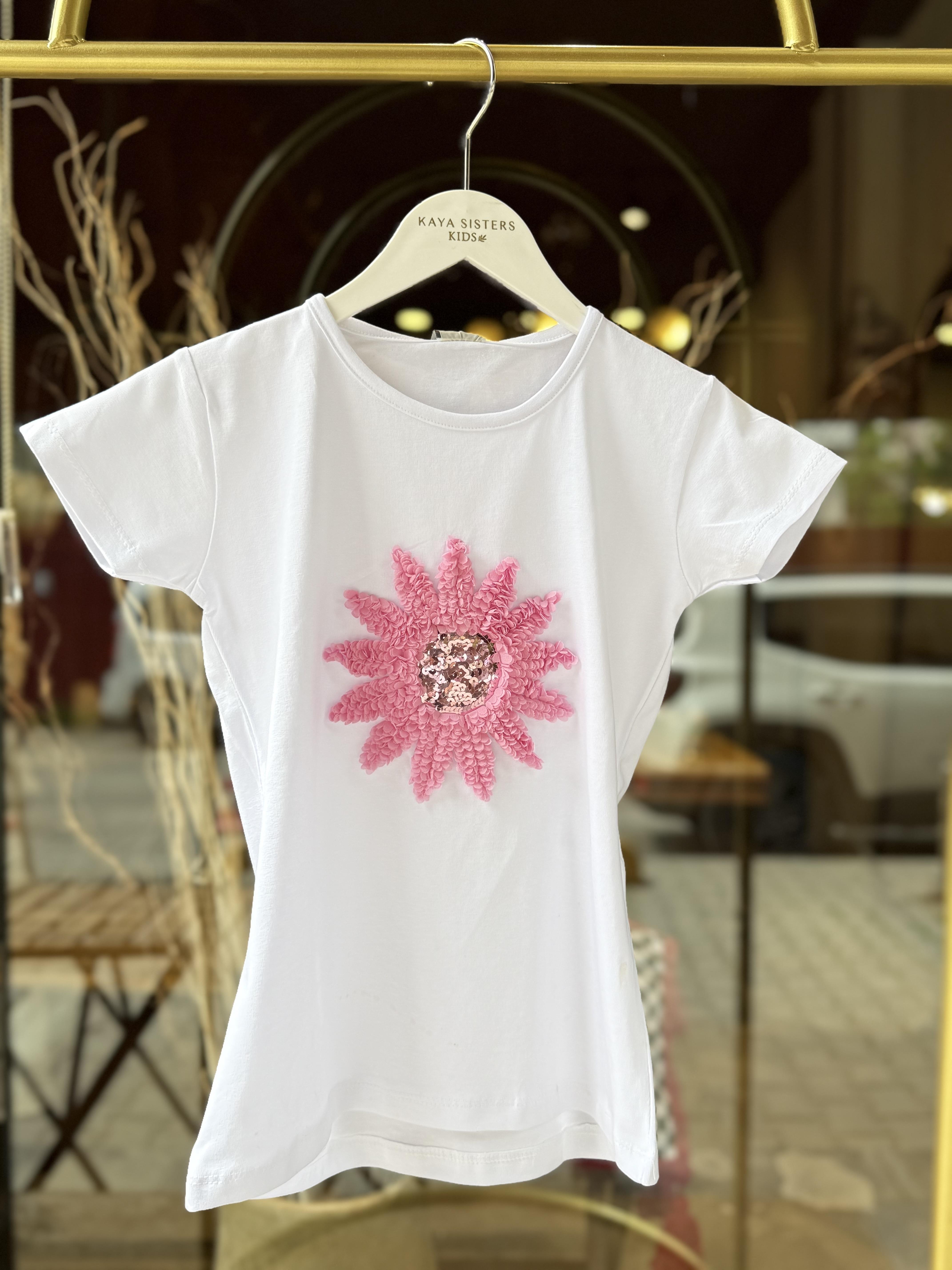 9551 Kids Önü Çiçek Kabartmalı Tshirt 5-6/12-13 Yaş