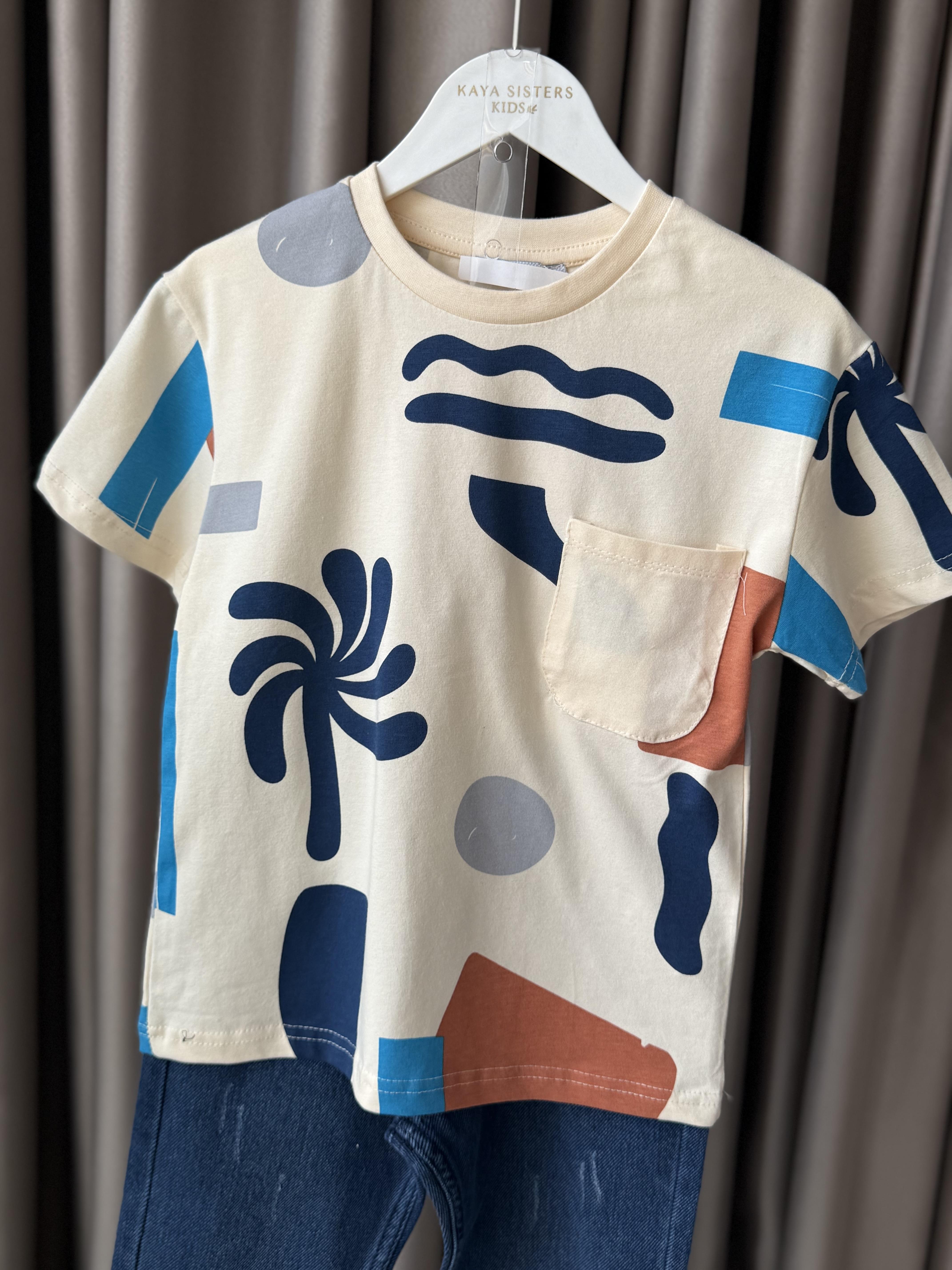 9578 Kids Palmiye Desenli Erkek Tshirt 6-13 Yaş