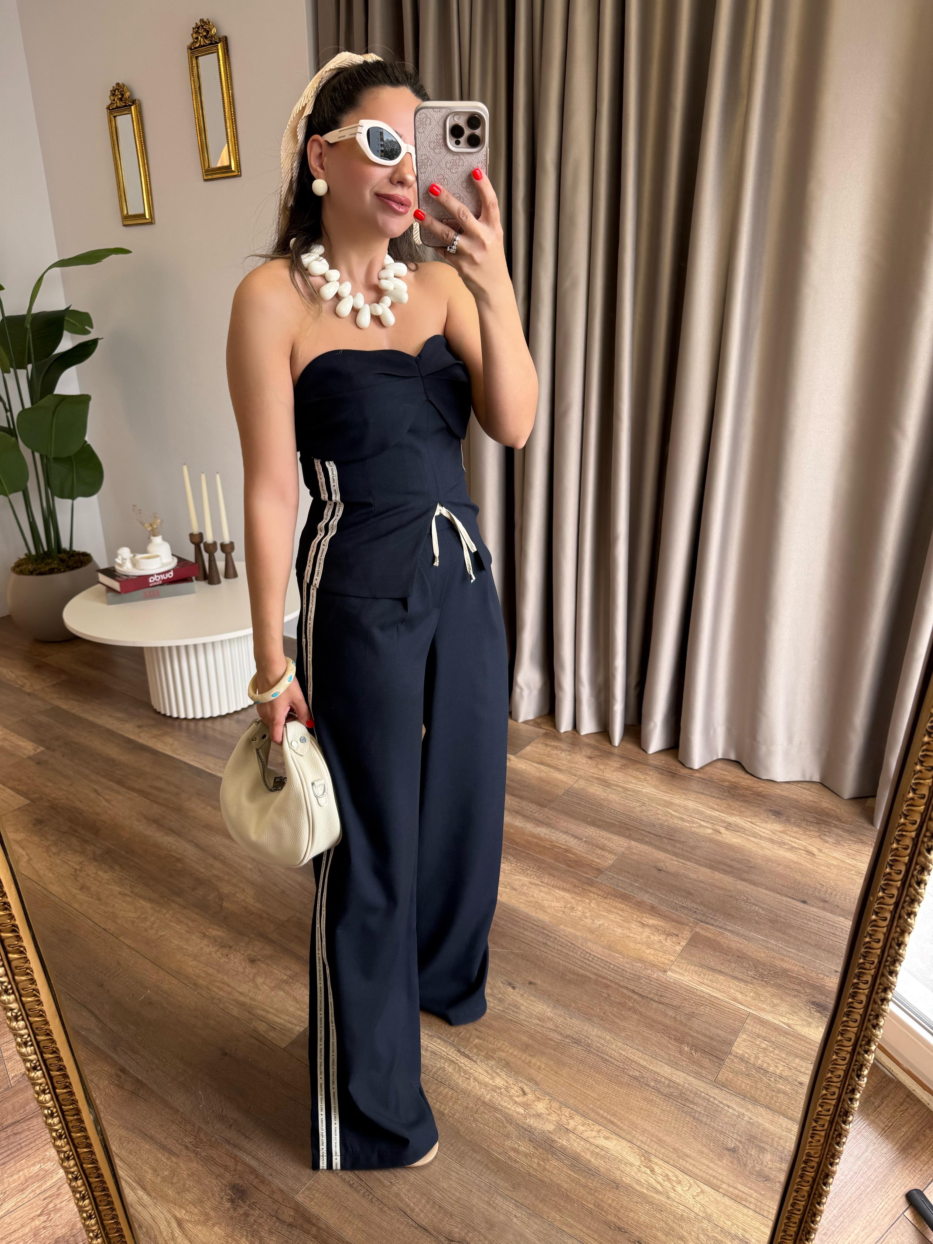 9719 Yandan Çizgili Straplez Bluz Pantolon Takım