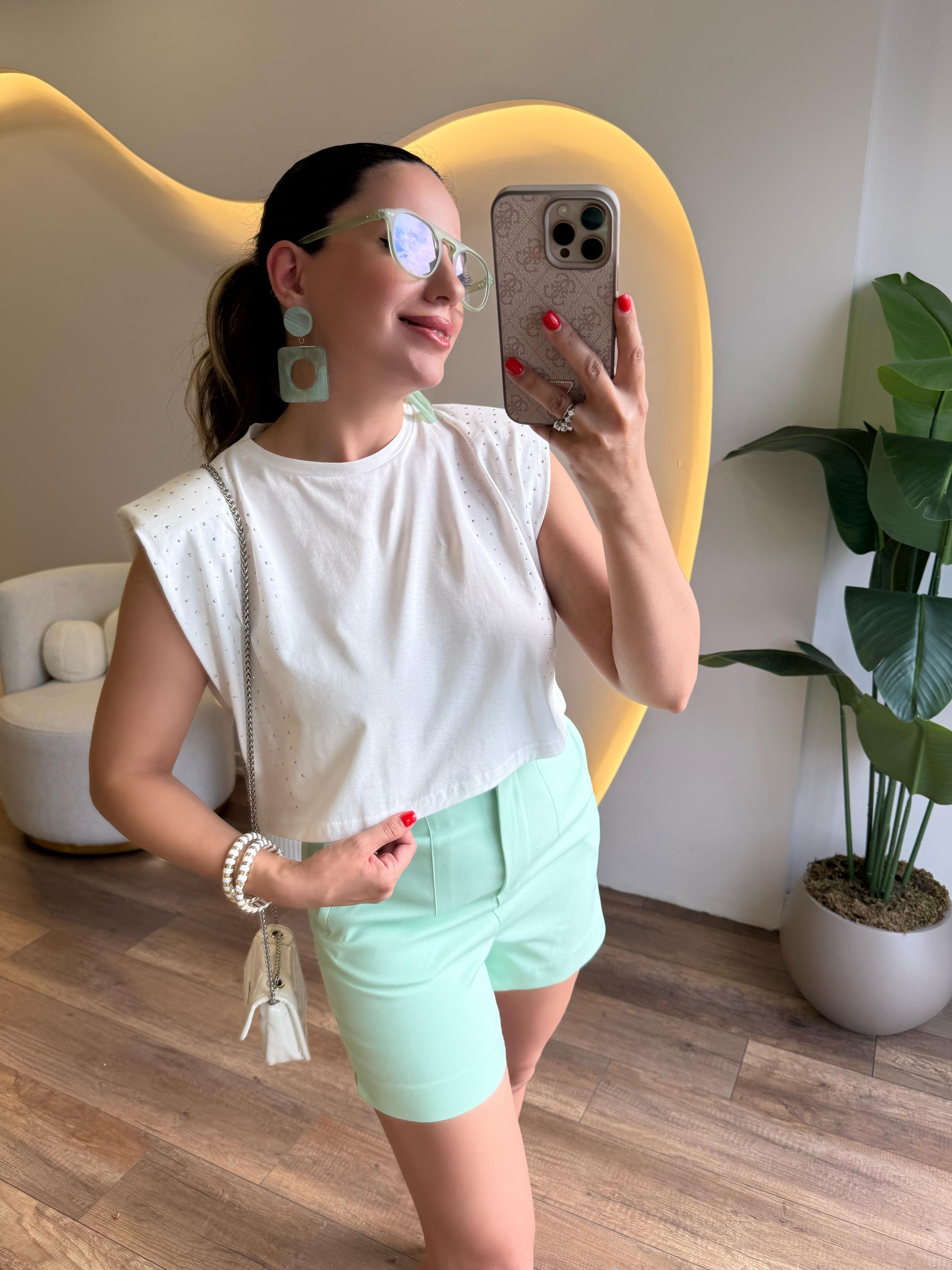 9790 Omuzları Vatkalı Taşlı Tshirt