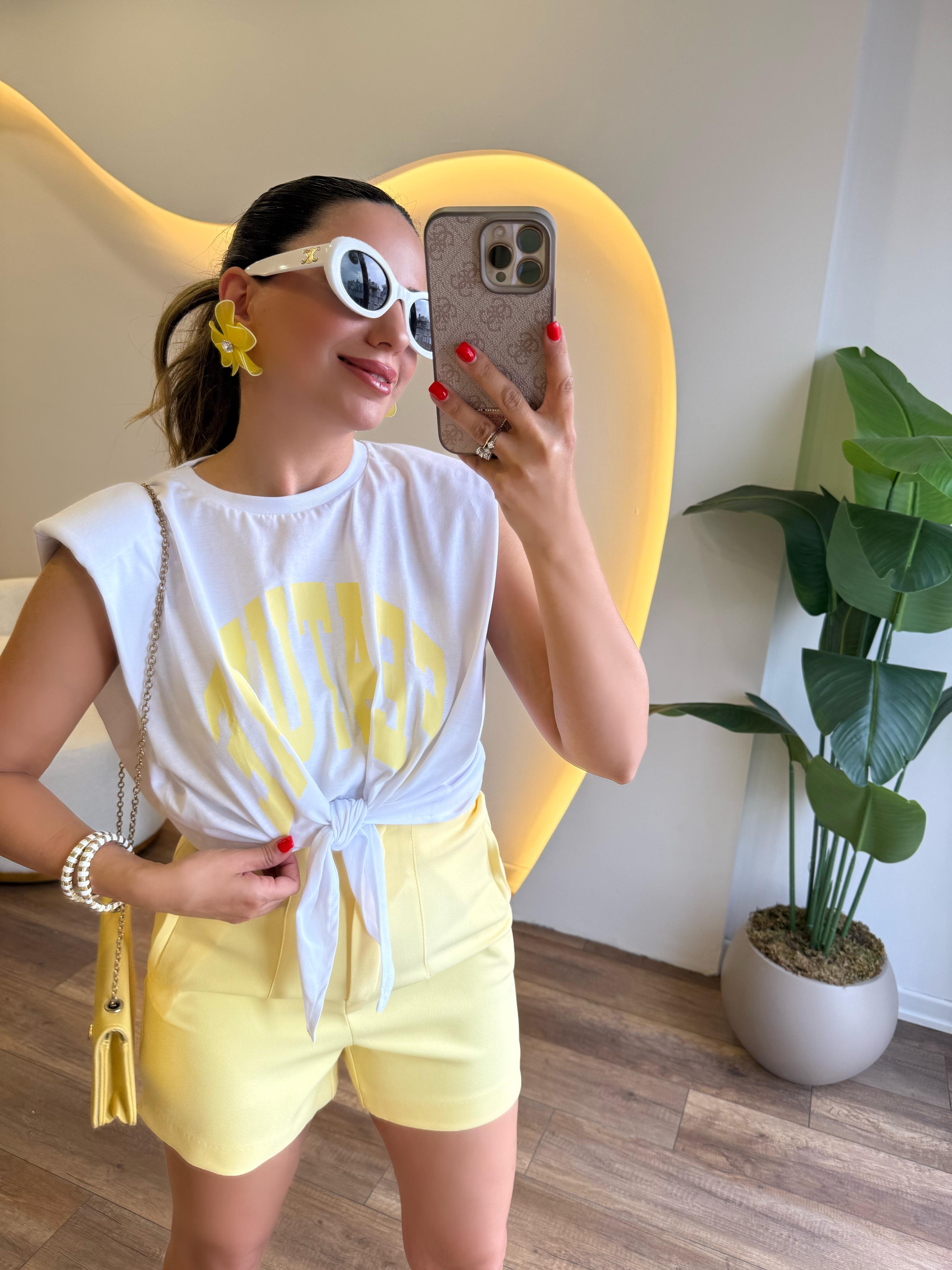 9810 Sarı Baskılı Önden Bağlamalı Tshirt
