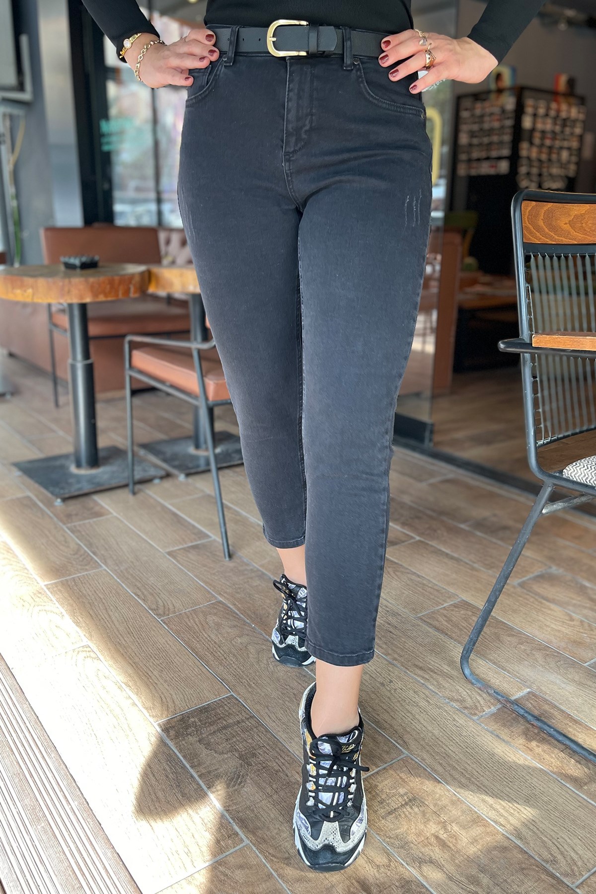 Antrasit Likralı Mom Jean Pantolon