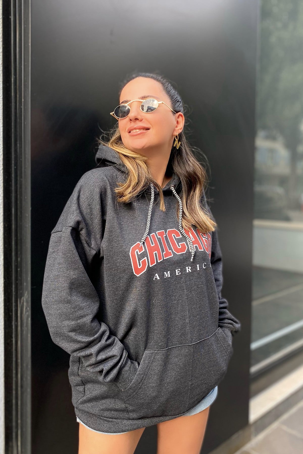 Antrasit Yazı Baskılı Kapşonlu Sweatshirt