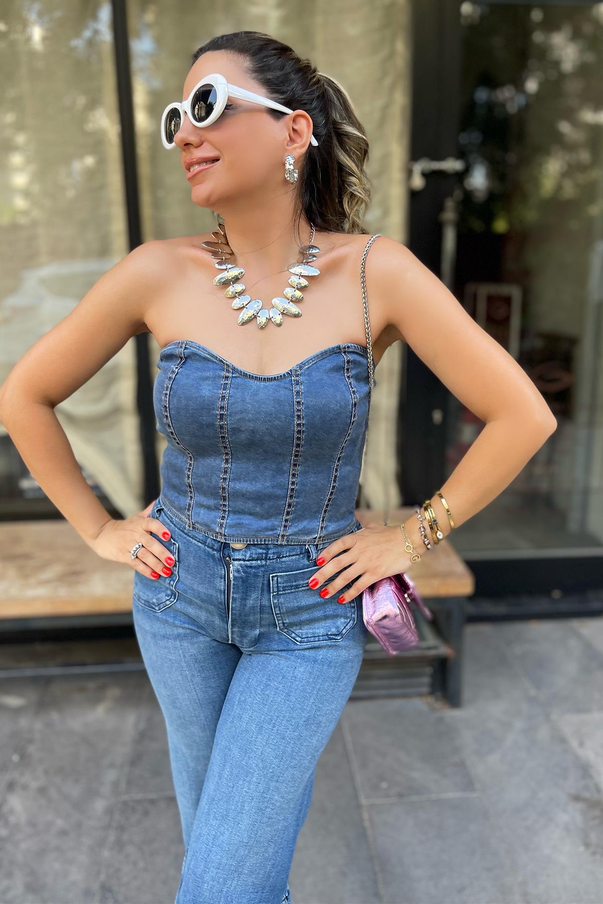 Arkadan Fermuarlı Kot Crop Bluz