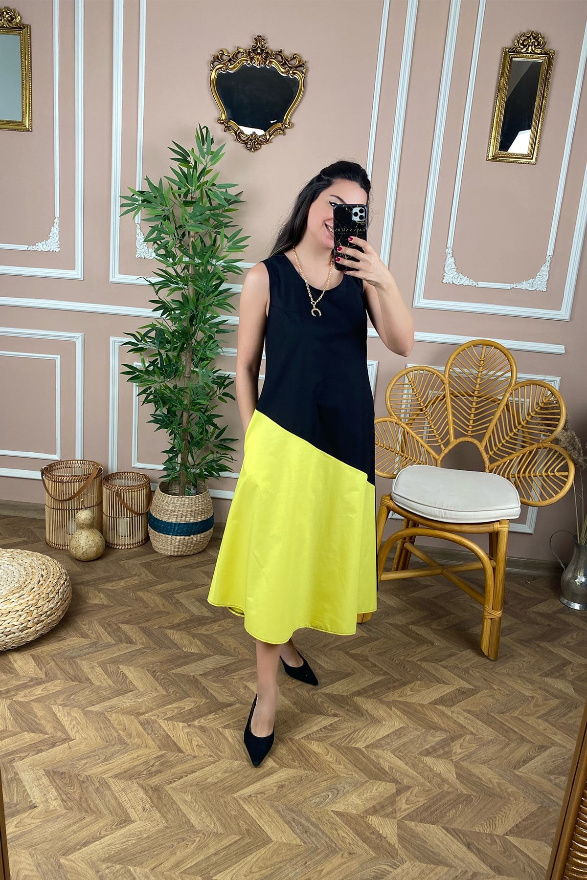 Askılı Altı Sarı Poplin Elbise