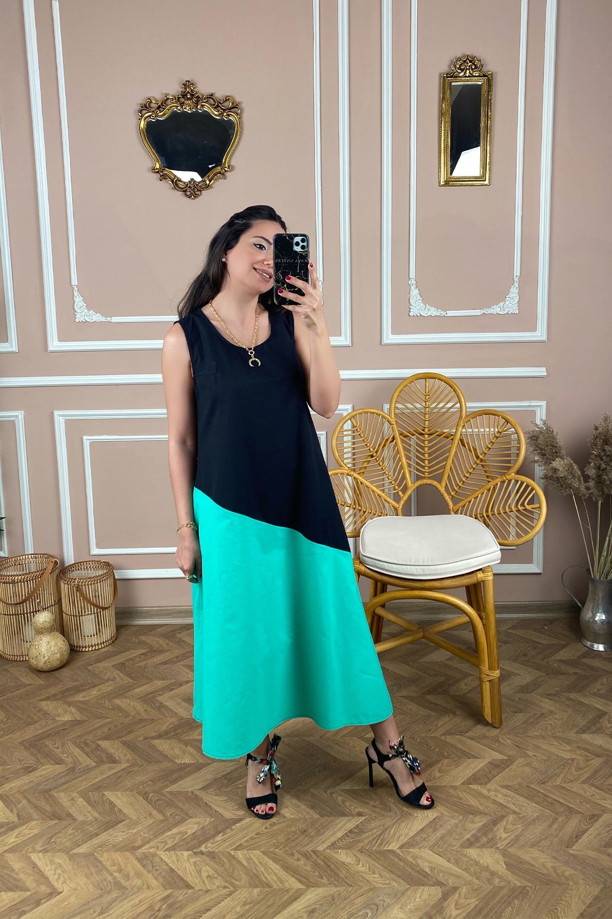 Askılı Altı Yeşil Poplin Elbise