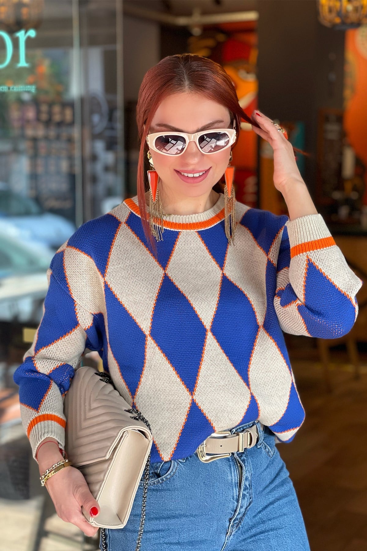 Baklava Desenli Mavi Desenli Kazak