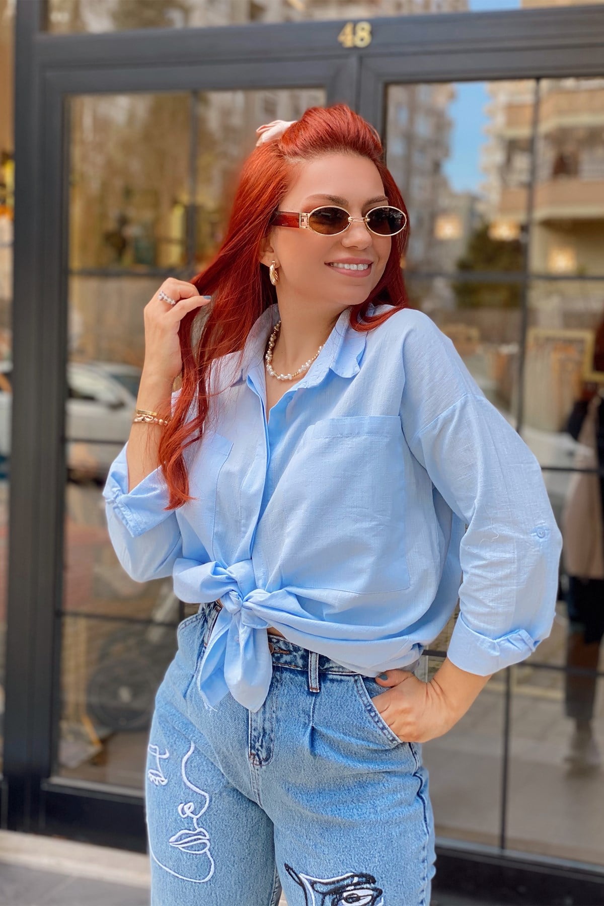Bebe Mavi Keten Cep Detaylı Gömlek