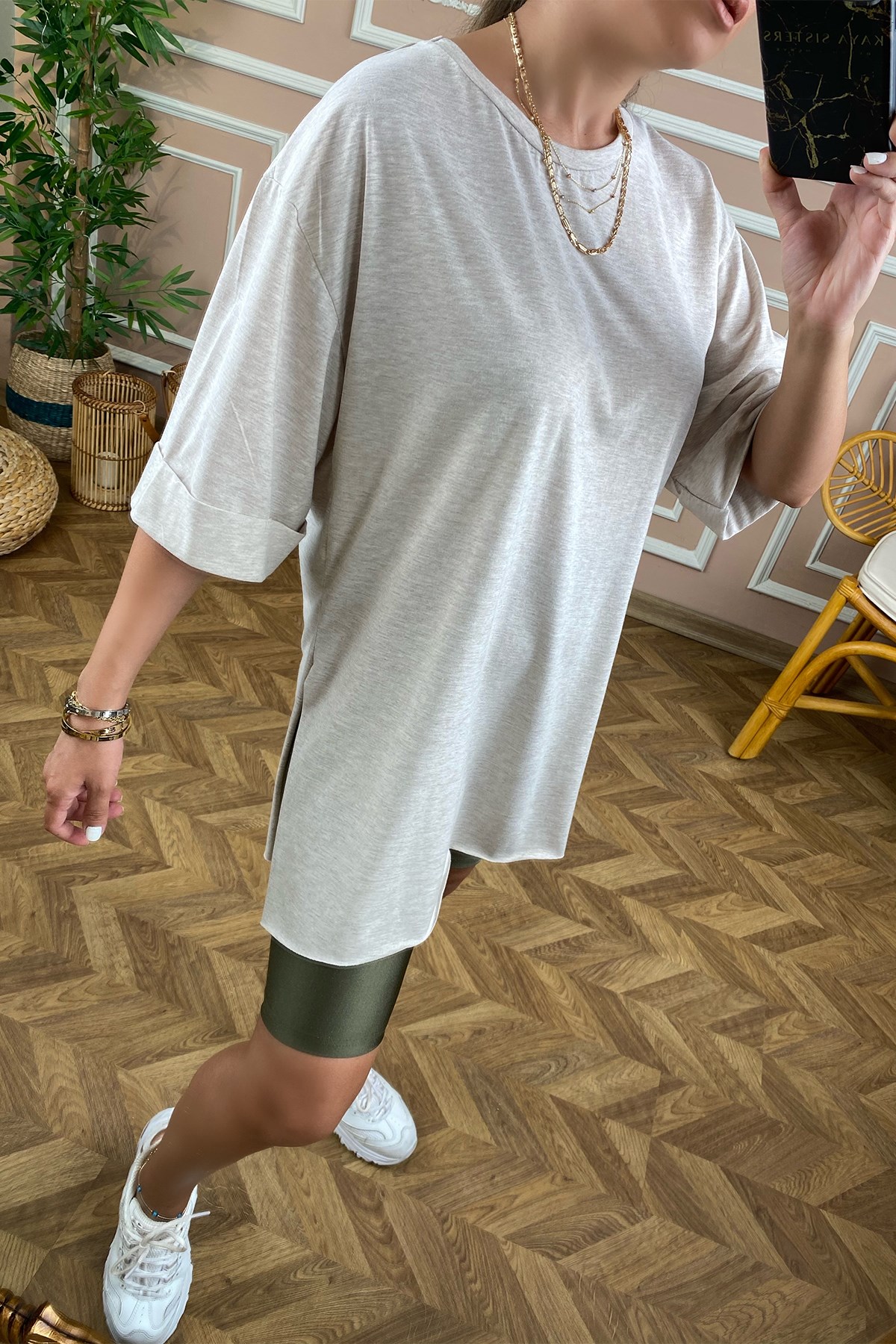 Bej  Basic Uzun Boyfriend Tshirt