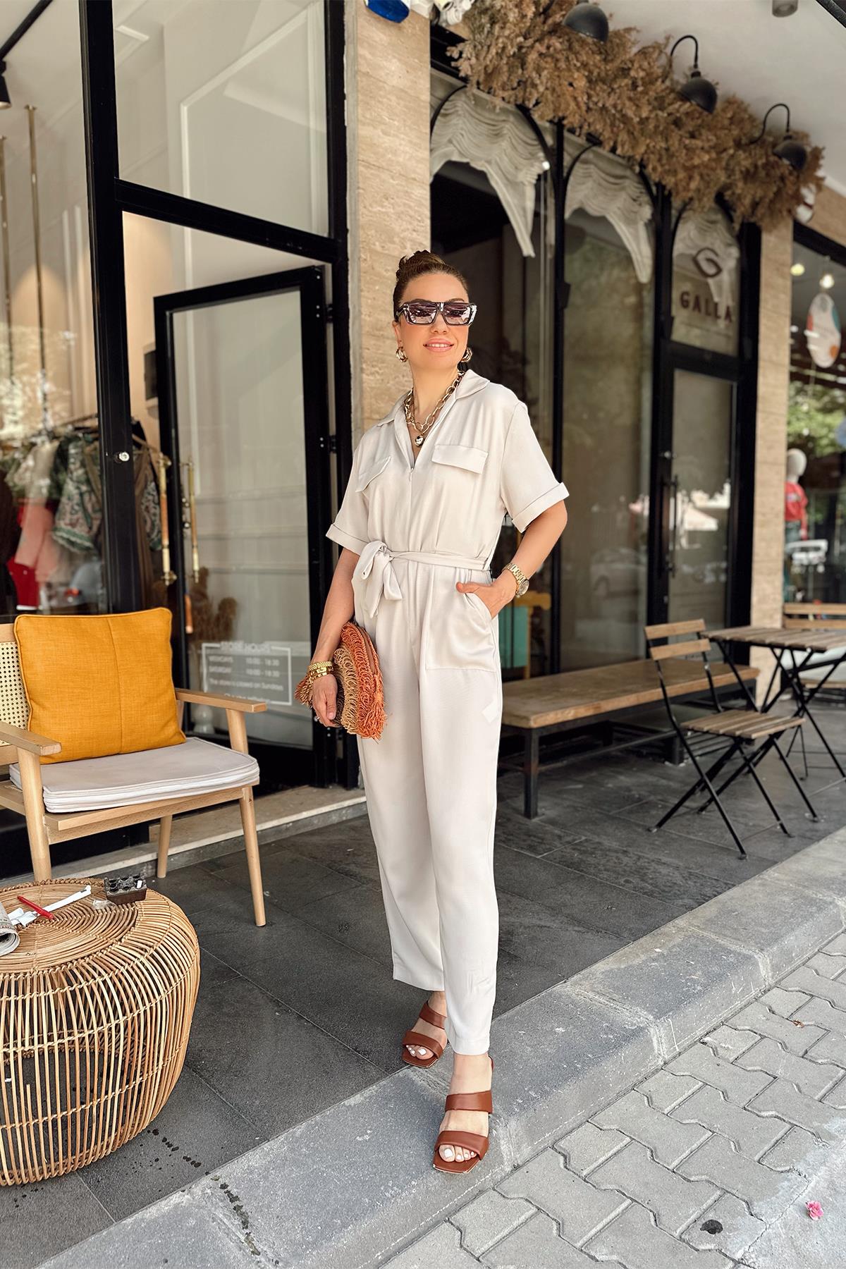 Bej Renk  Cep Detaylı Uzun Tulum