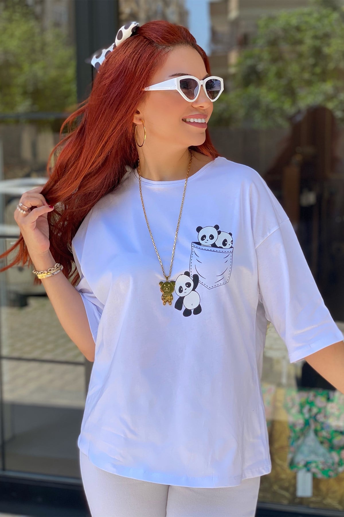 Beyaz Panda Detaylı Tshirt