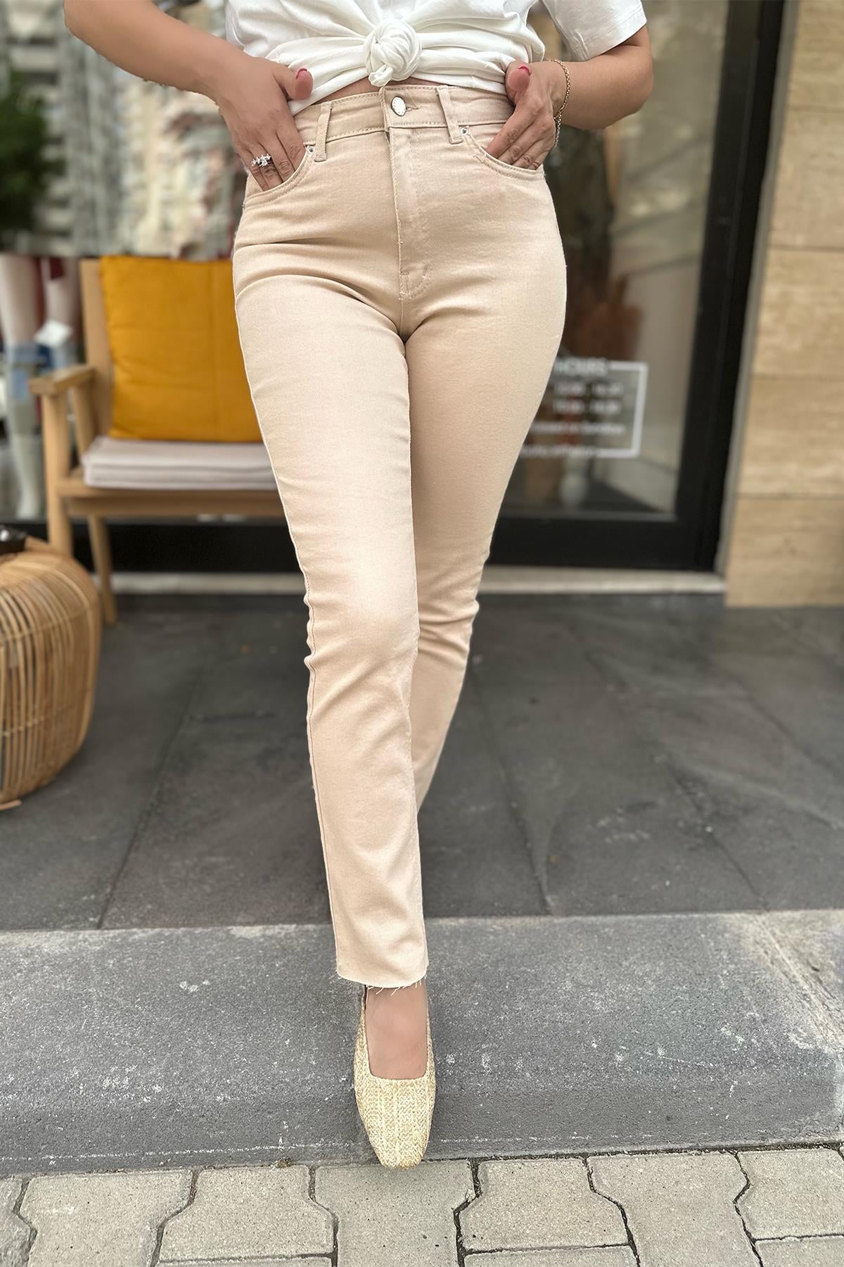 Boyfit Topshop Bej Paça Kesik  Pantolon