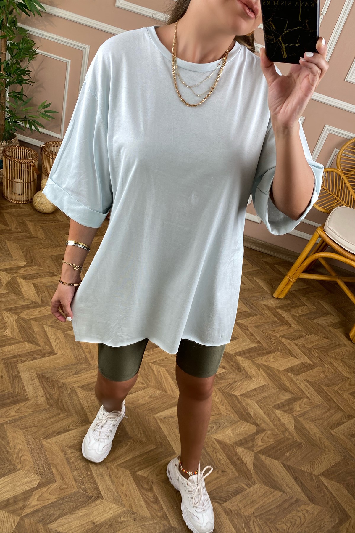Buz Mavi Basic Uzun Boyfriend Tshirt