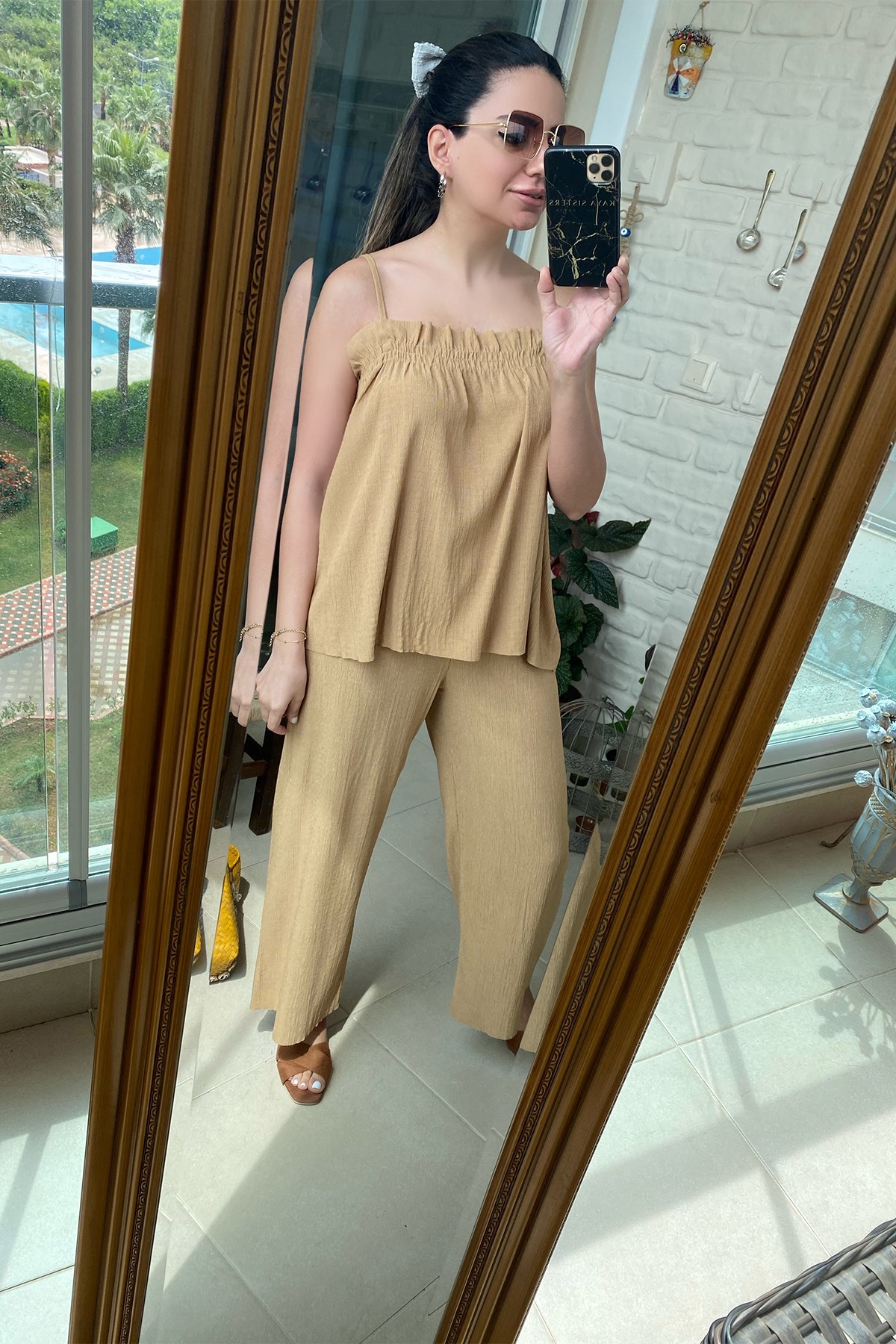 Camel Askılı Bluz Pantolon Takım