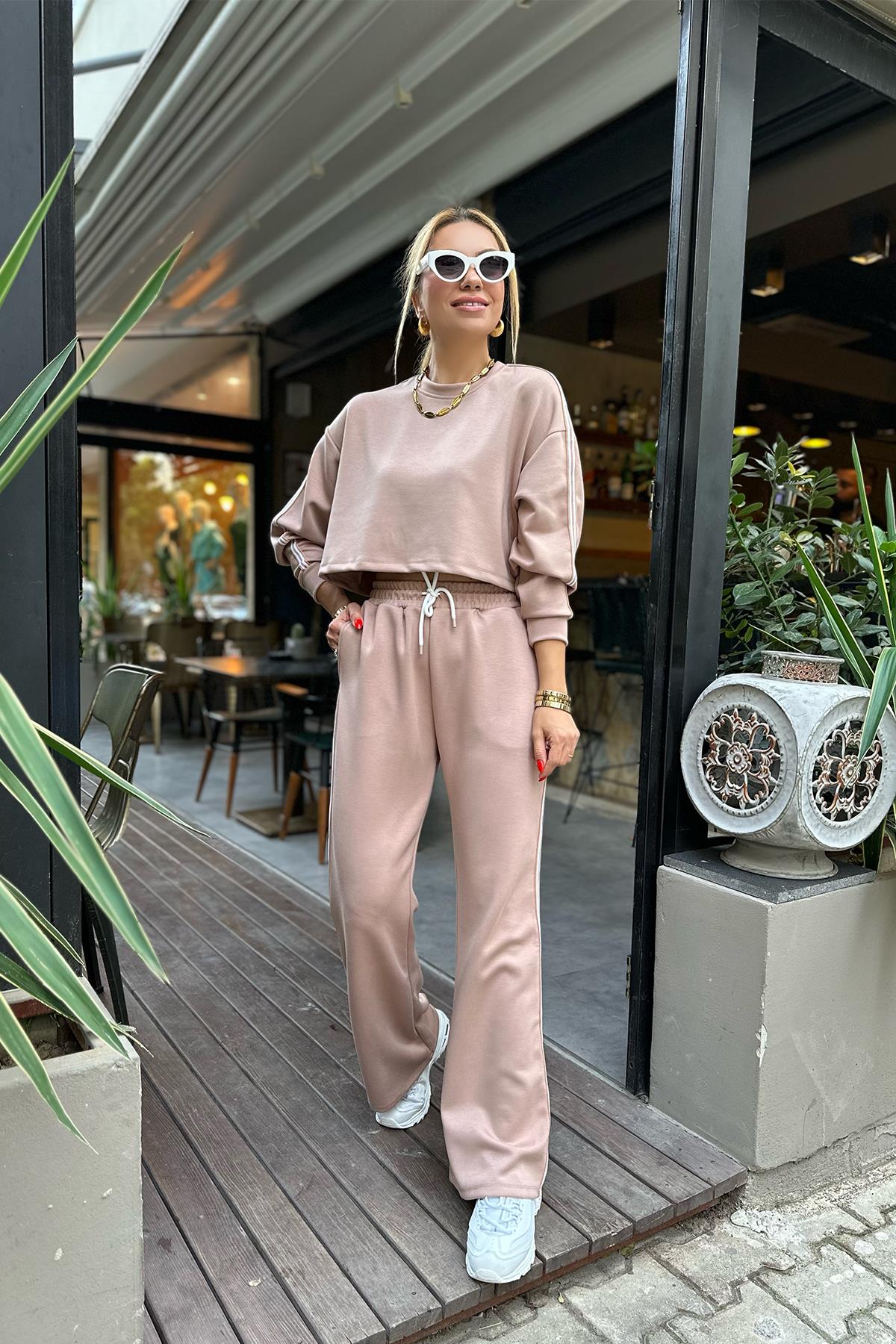 Camel Yan Kısmı Şerit Detay Sweat Eşofman Premium Takım