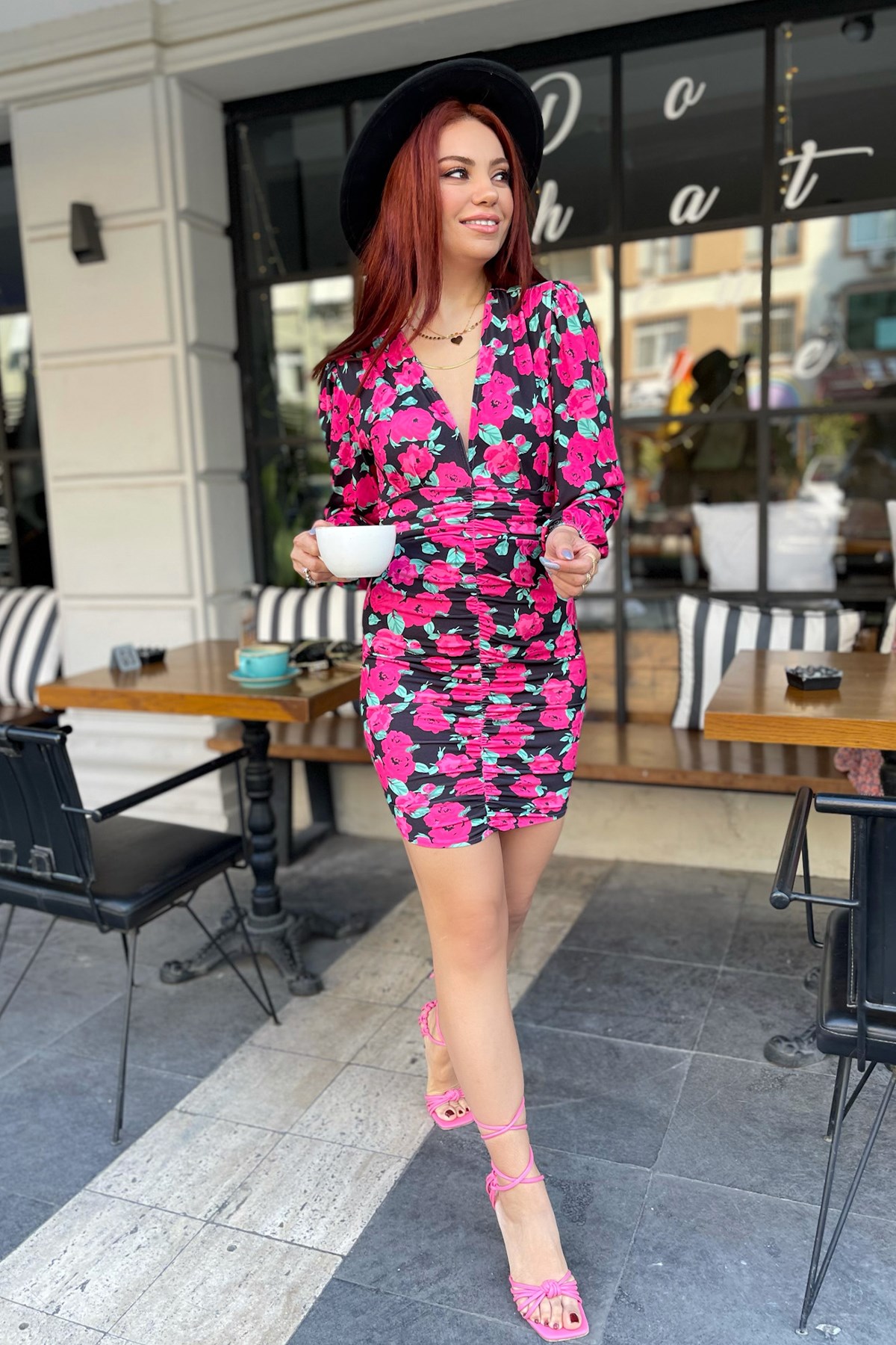 Drape Detaylı Renkli  Elbise 
