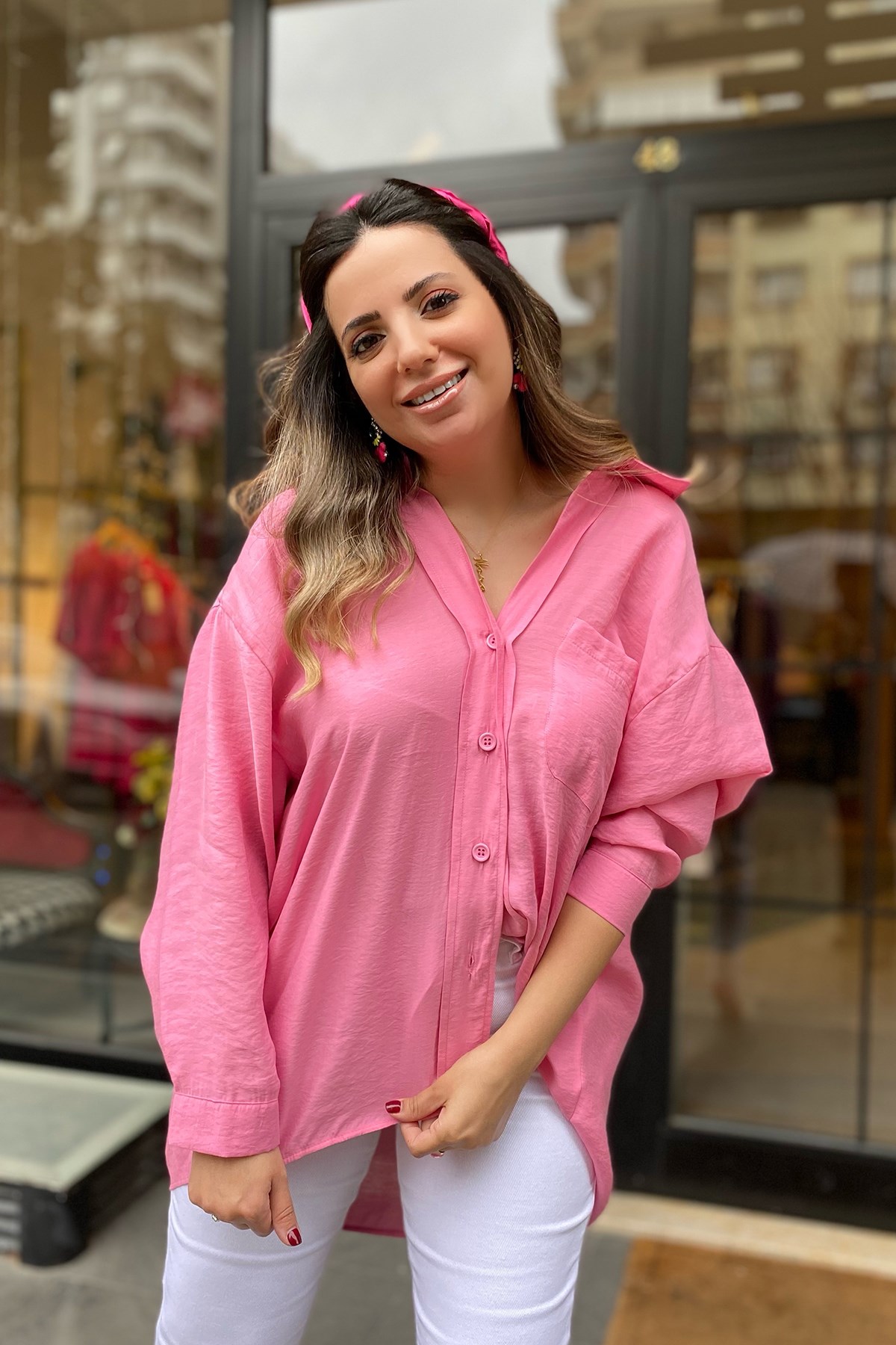 Düşük Omuz Oversize Pembe Gömlek