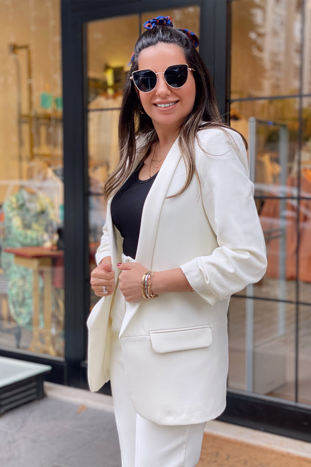 Ekru Kolu Katlamalı Blazer Ceket
