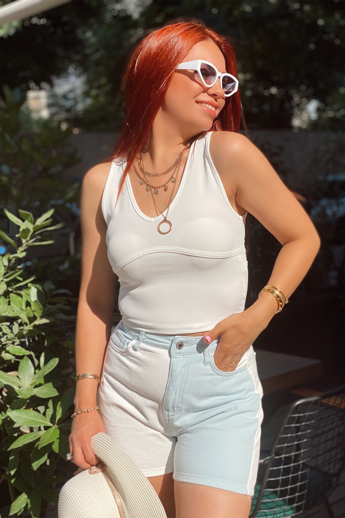Ekru Renk Fitilli V Yaka Bluz
