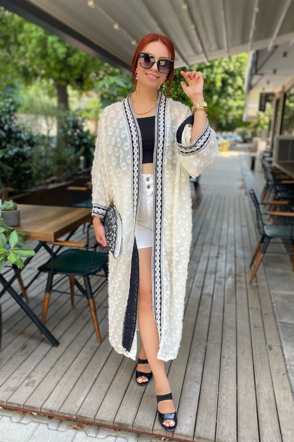 Ekru Tül Detaylı Kimono