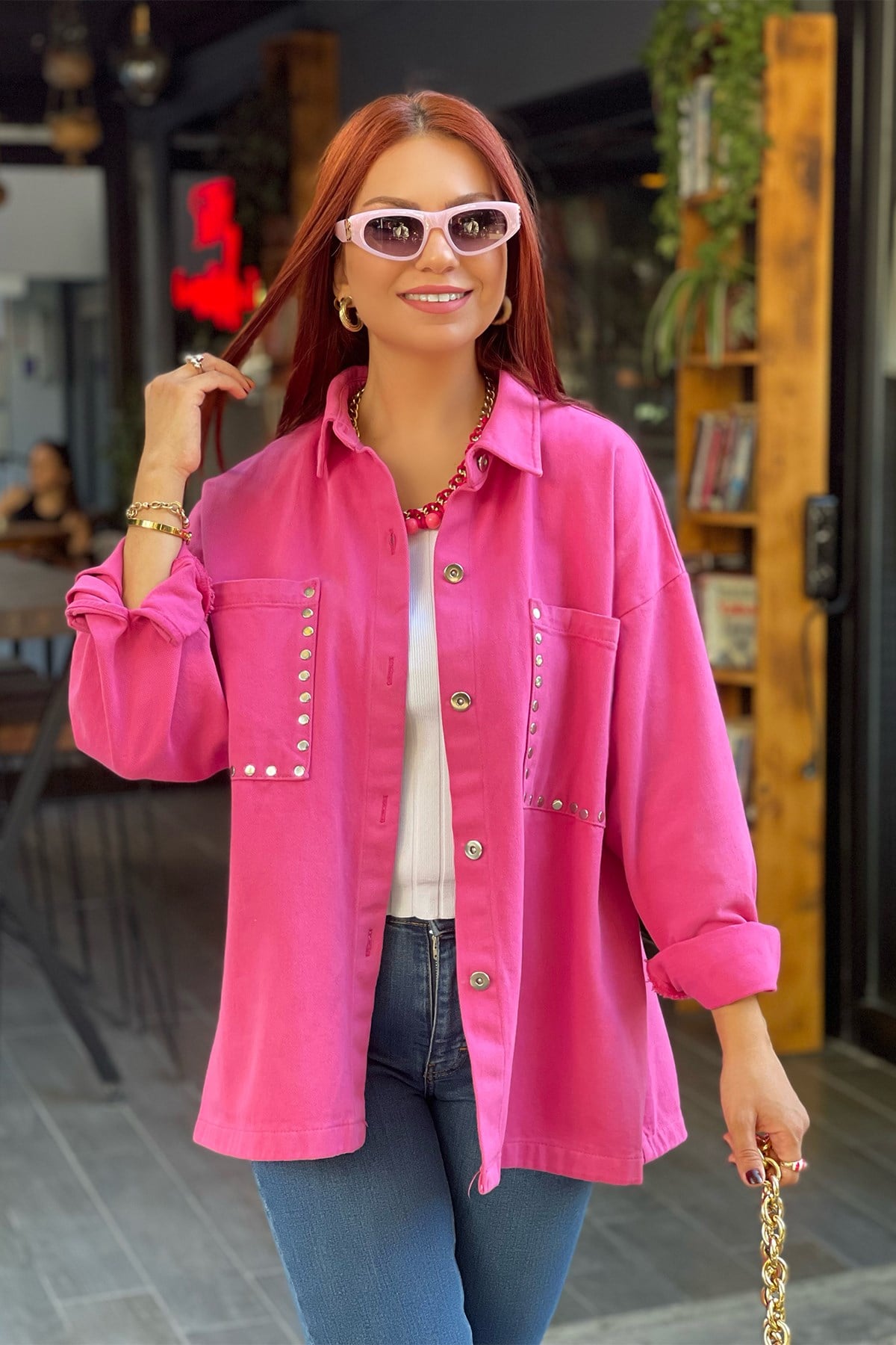 Fuşya Pembe Zımba Detaylı Ceket