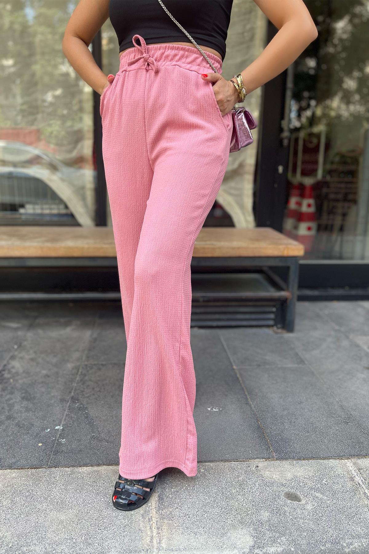 Geniş Paça Beli Lastikli Gülkurusu Pantolon