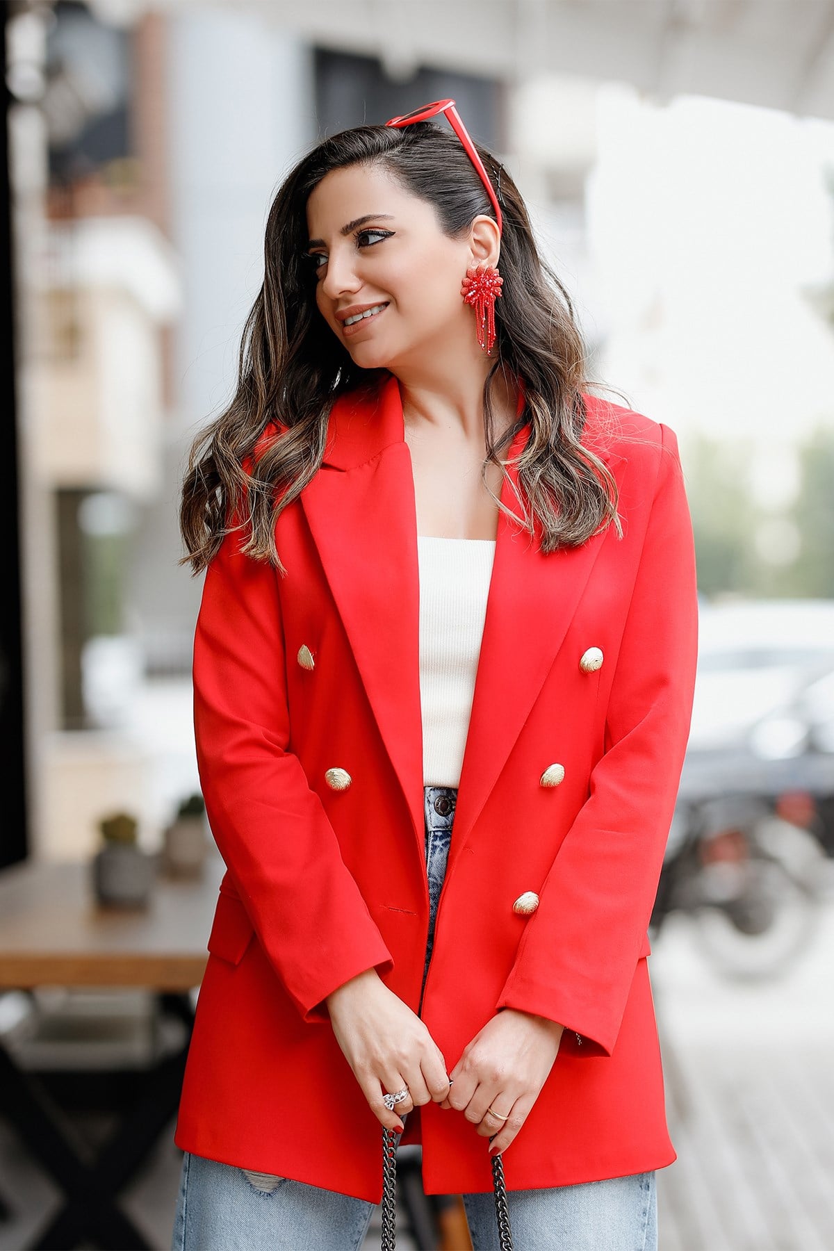 Gold Düğme Detaylı Kırmızı Blazer Ceket