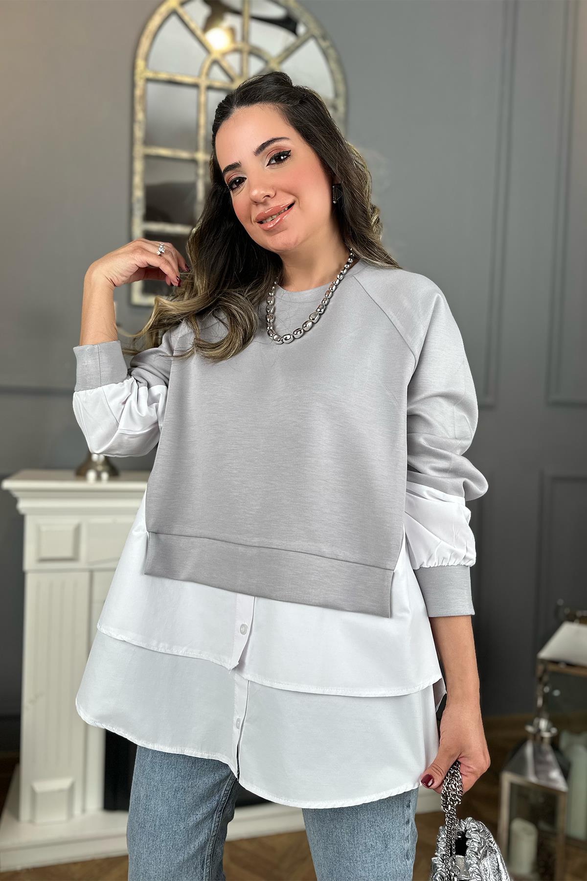Gri Gömlek Detaylı Sweatshirt