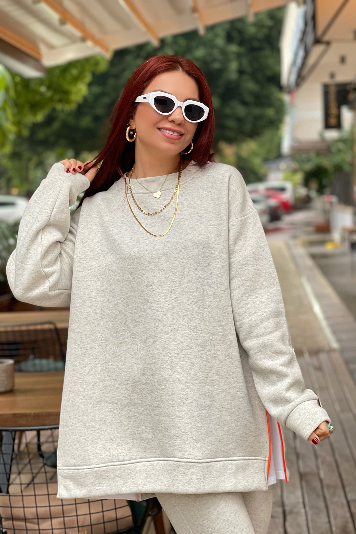 Gri Yan Fermuar Detaylı Sweatshirt