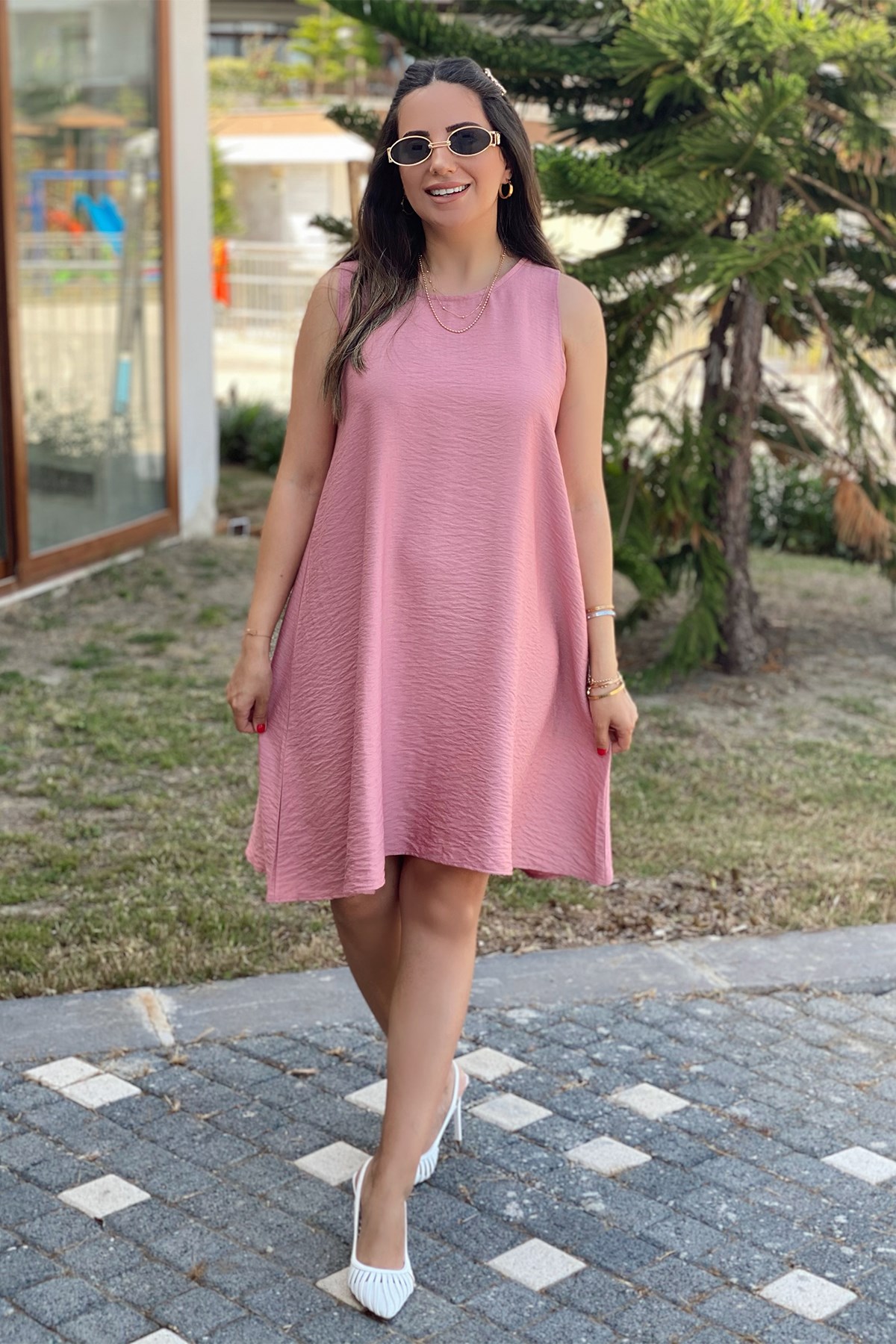 Gülkurusu Asimetrik Kesim Keten Elbise