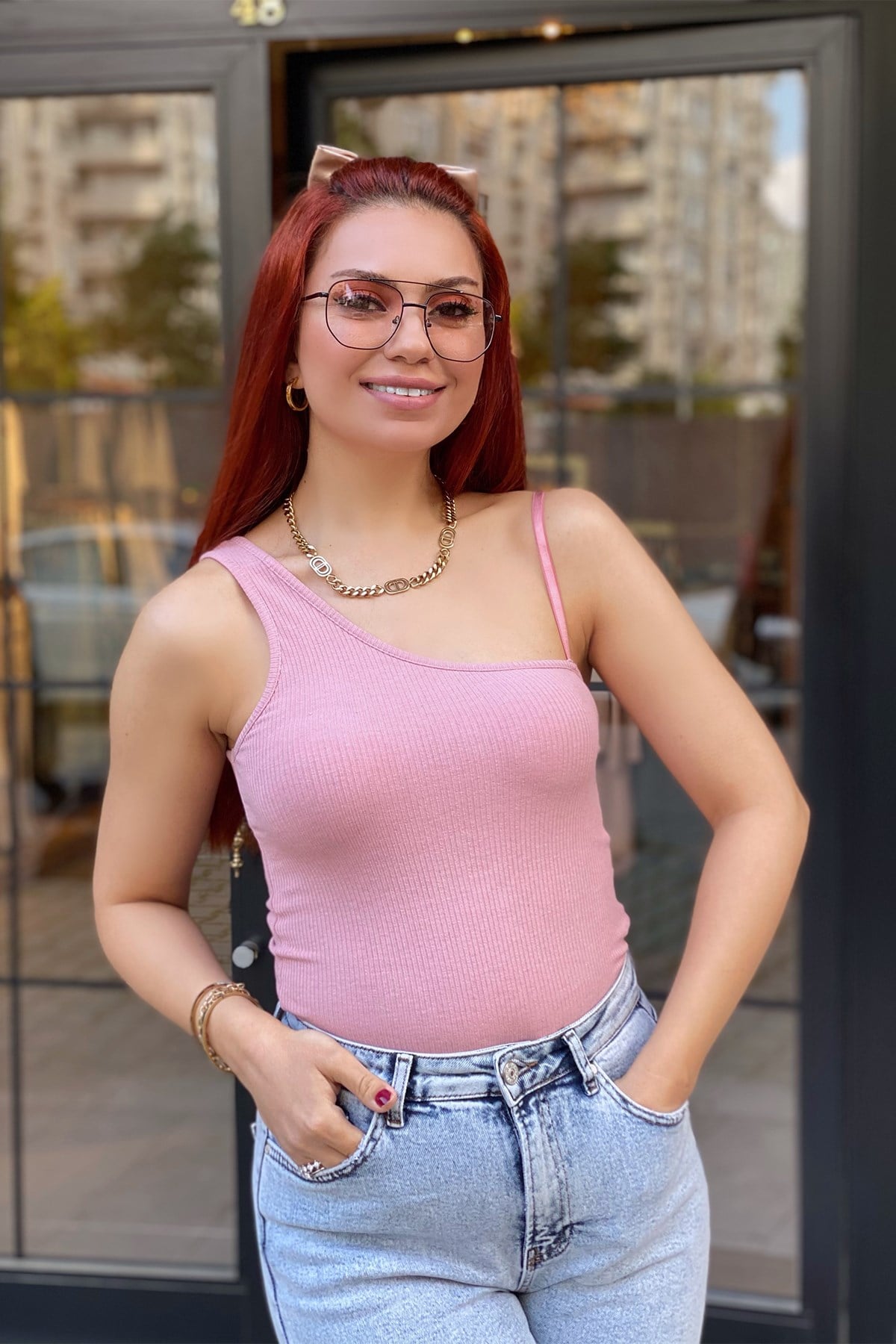 Gülkurusu Tek Omuzu İpli Fitilli Bluz