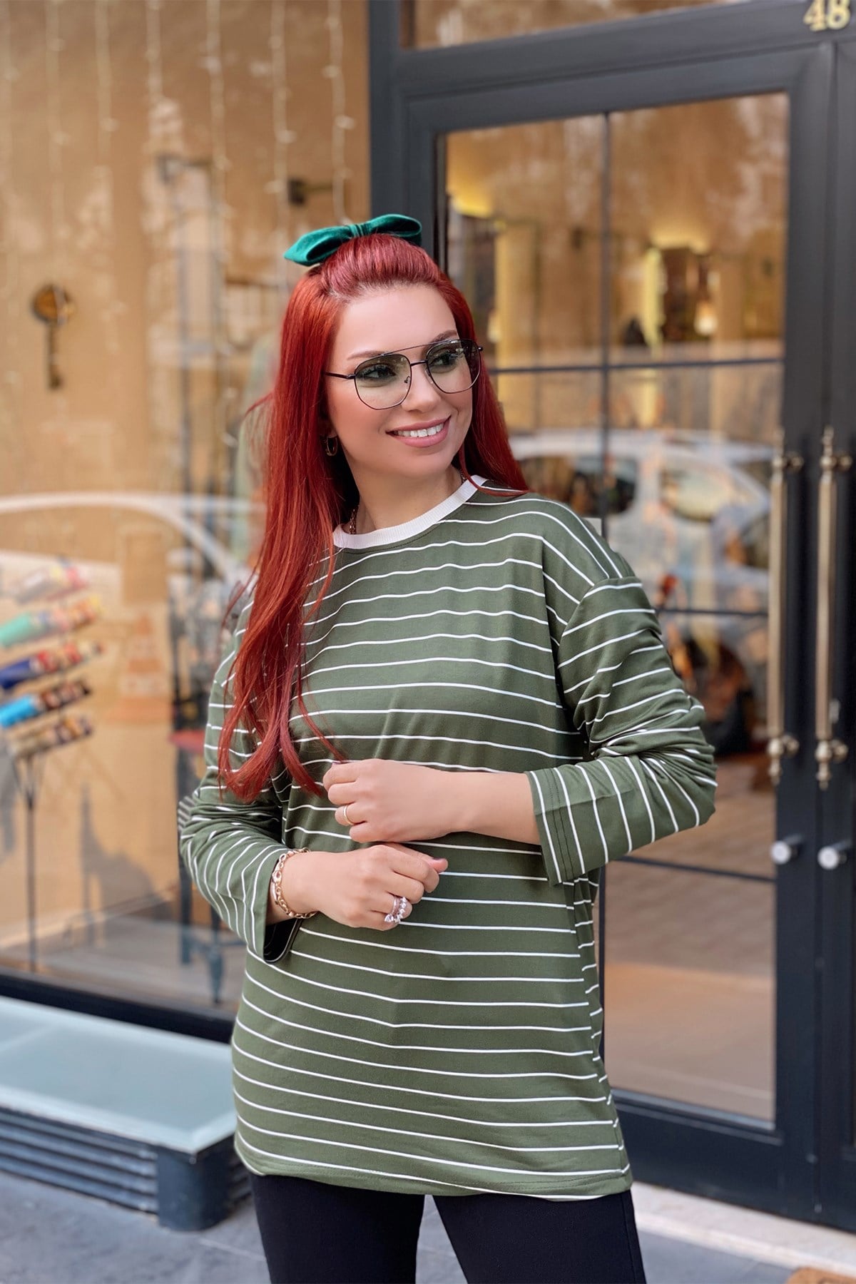 Haki Uzun Kol Çizgili Tshirt