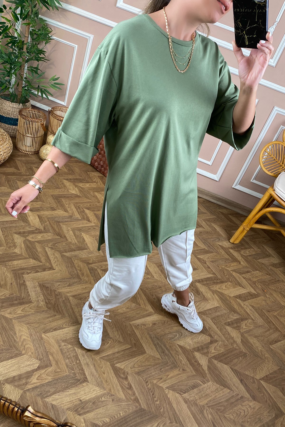 Haki Yeşil Basic Uzun Boyfriend Tshirt