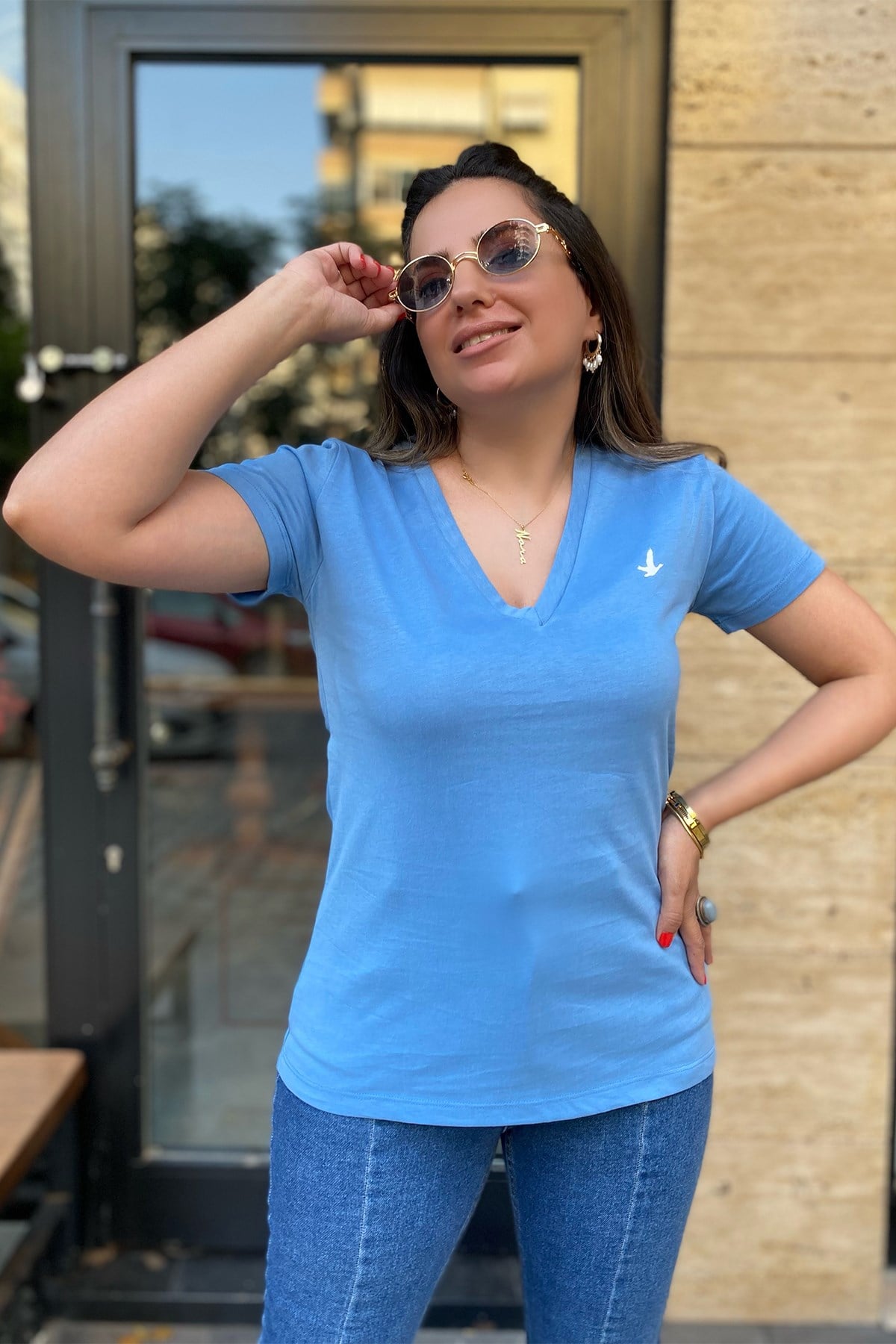 İndigo Mavi V Yaka Orjinal Tshirt