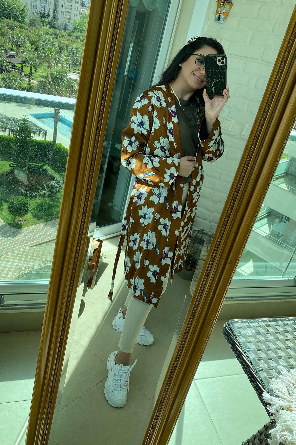 Kahve Çiçek Desenli Astarlı Kimono
