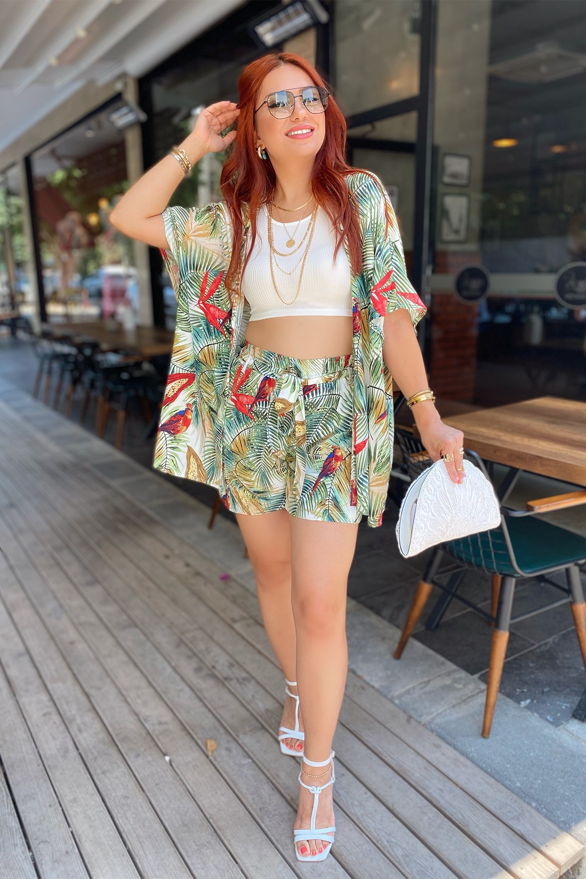 Karışık Desenli  Şort Kimono Takım